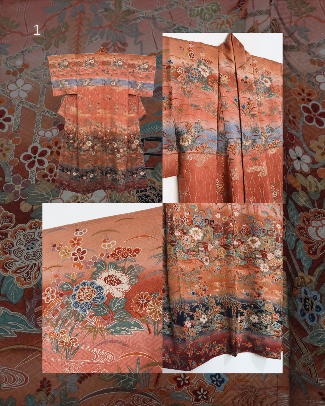 Vintage silk kimono in brown with floral pattern. collage of photos.