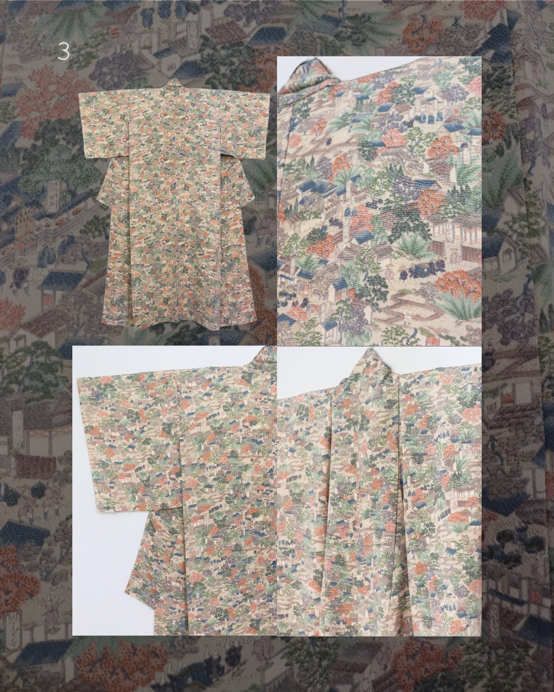 vintage silk kimono with unique pattern of people, buildings and nature. collage.