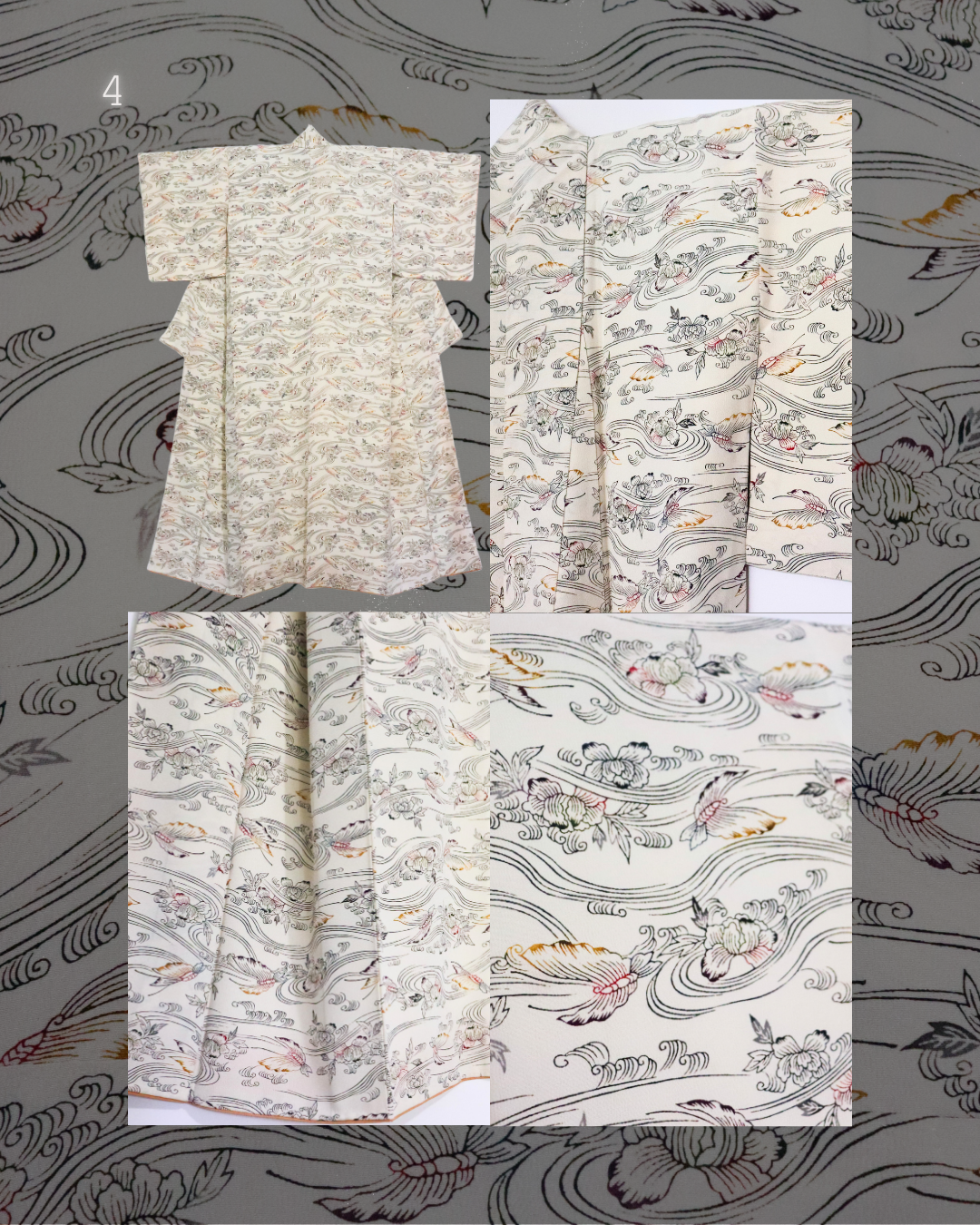 vintage silk kimono with retro nature pattern, wave and butterfly. creamy white.