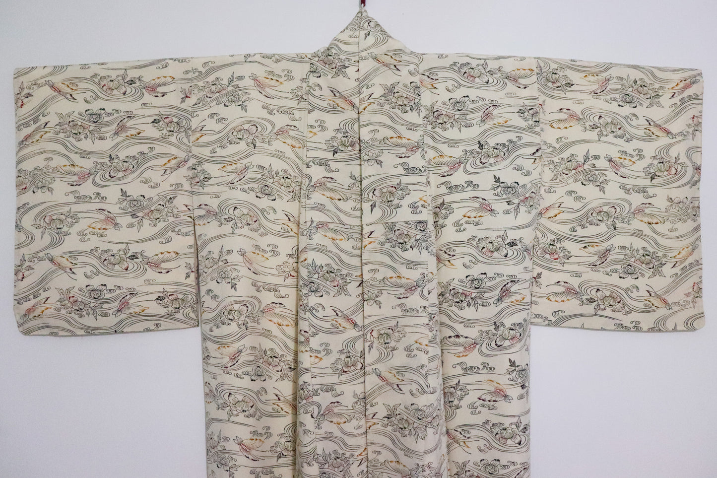 vintage silk kimono with retro nature pattern, wave and butterfly. creamy white.