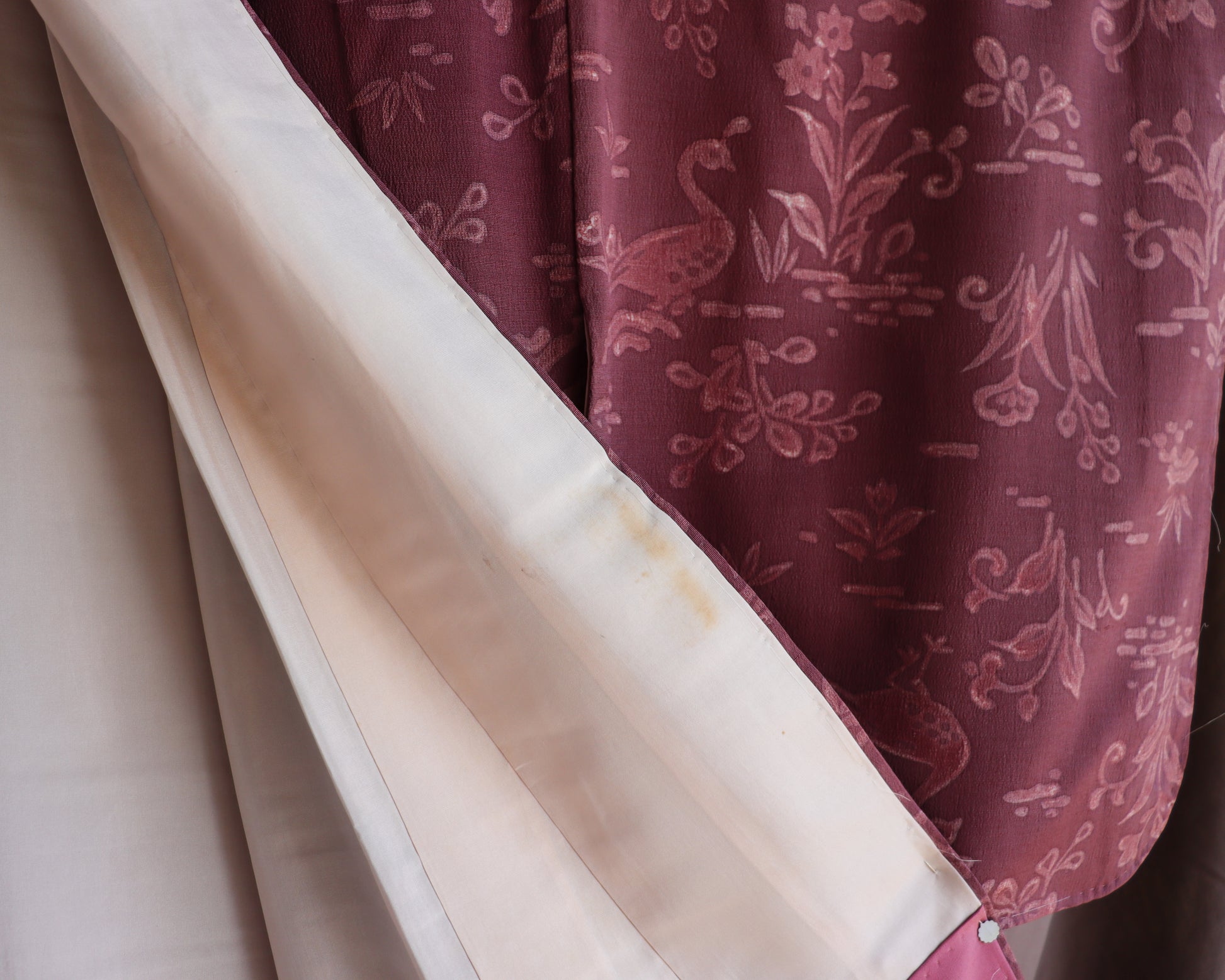 Vintage silk kimono in pink and purple. retro nature pattern.