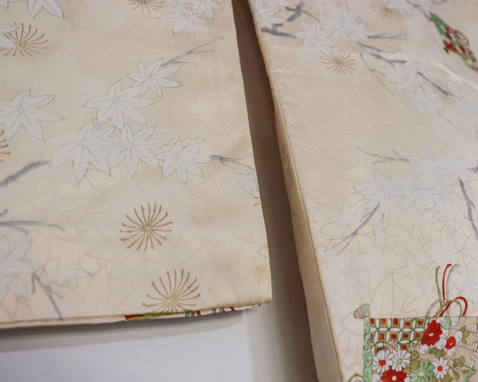Vintage silk kimono in light yellow. pattern of momiji, flowers and Japanese traditional fan.