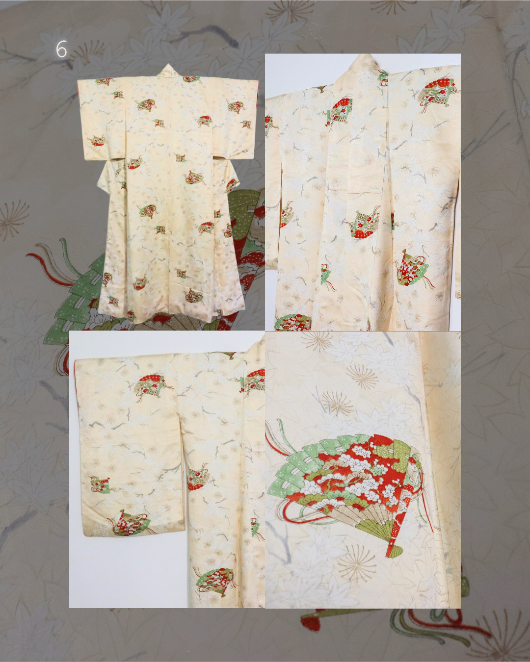 Vintage silk kimono in light yellow. pattern of flowers and Japanese traditional fan.