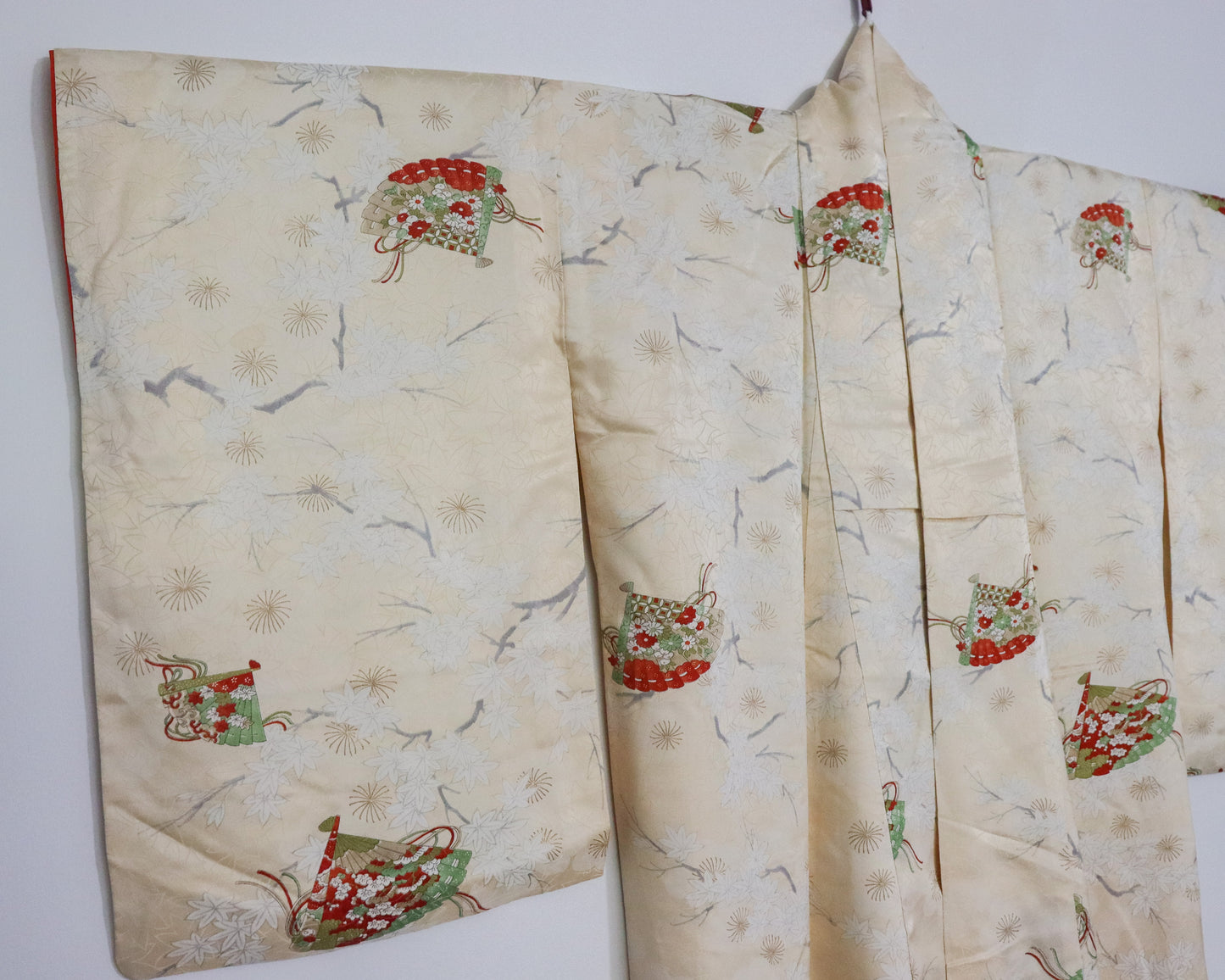 Vintage silk kimono in light yellow. pattern of momiji, flowers and Japanese traditional fan.