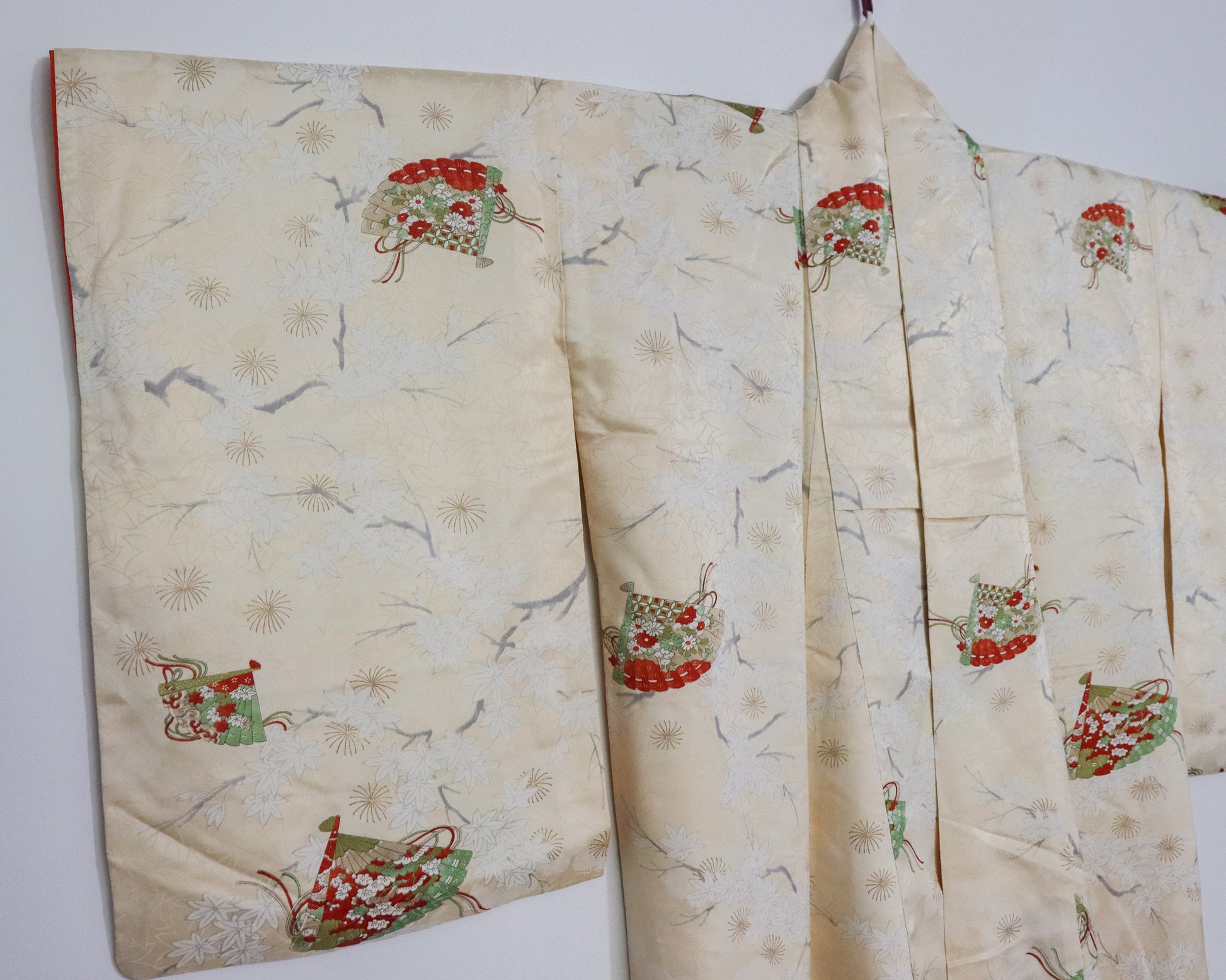 Vintage silk kimono in light yellow. pattern of momiji, flowers and Japanese traditional fan.