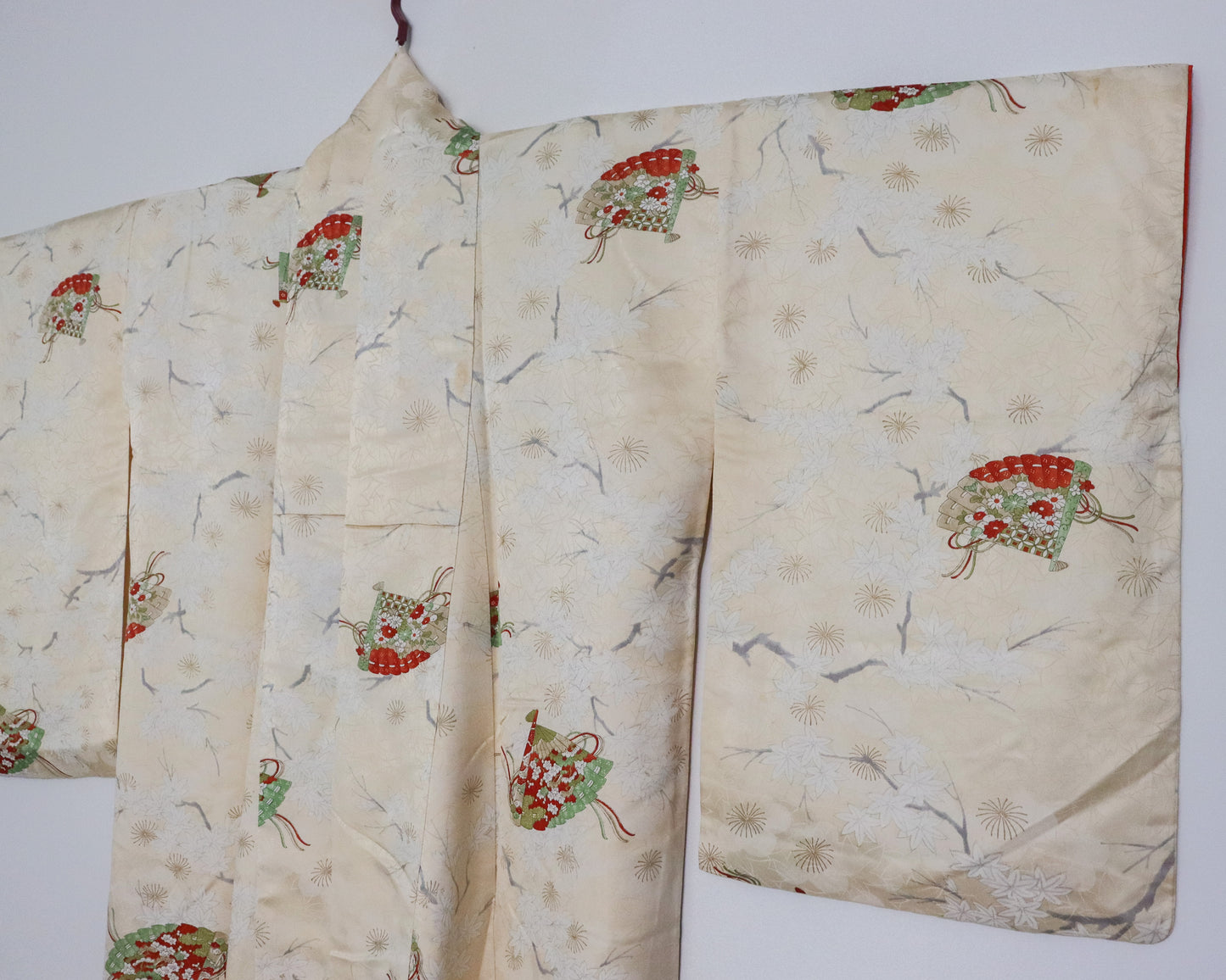 Vintage silk kimono in light yellow. pattern of momiji, flowers and Japanese traditional fan.