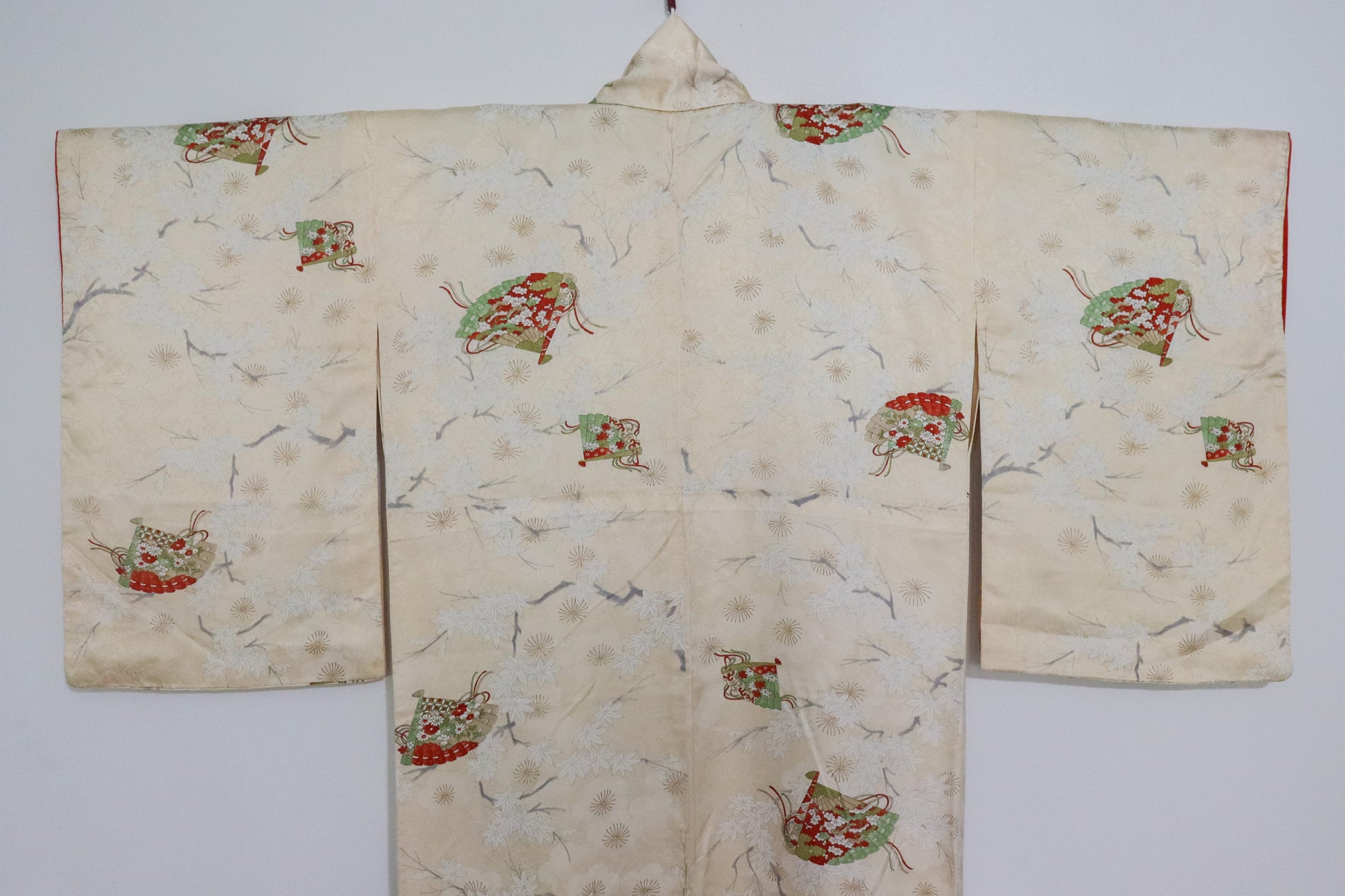 Vintage silk kimono in light yellow. pattern of momiji, flowers and Japanese traditional fan.