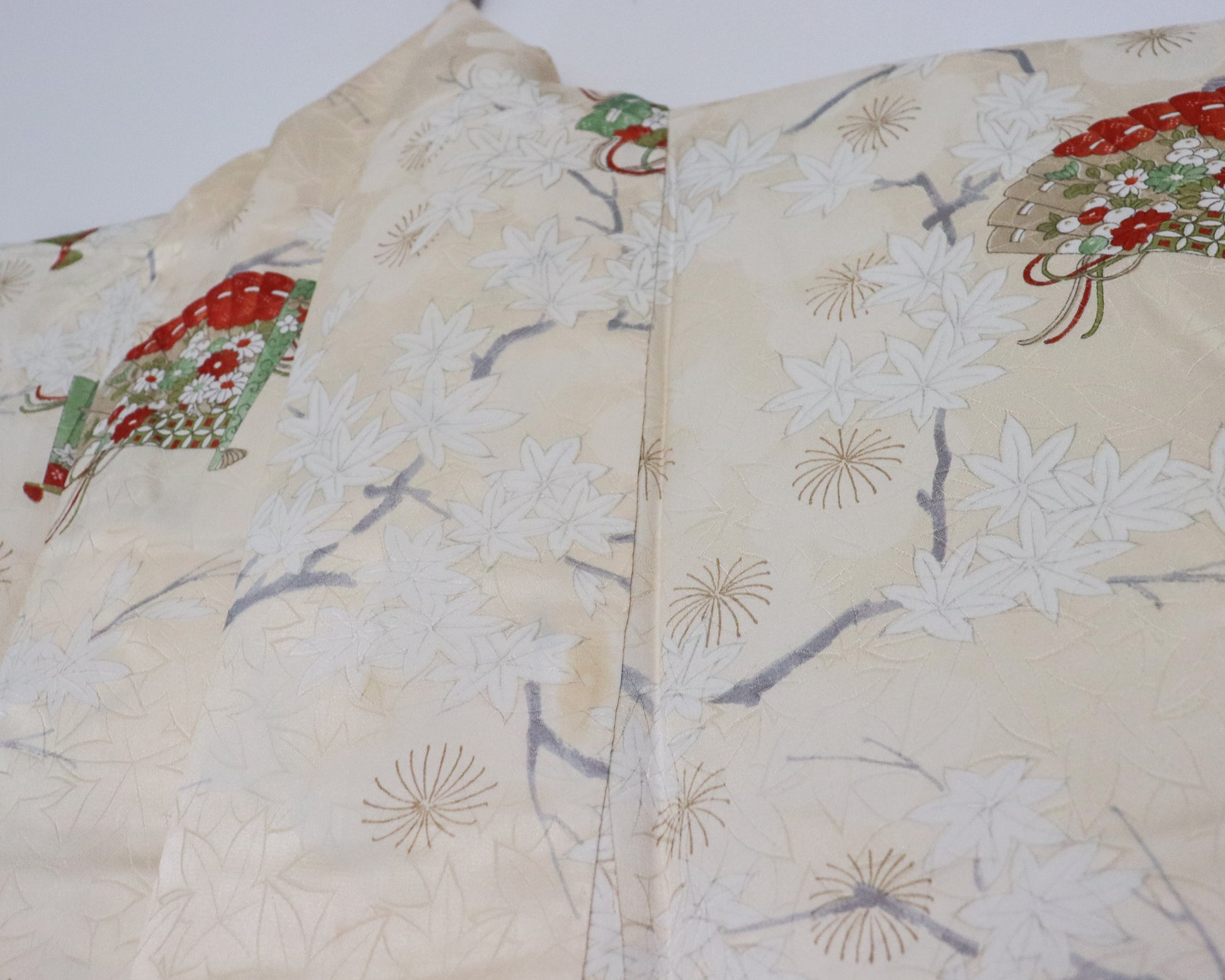 Vintage silk kimono in light yellow. pattern of momiji, flowers and Japanese traditional fan.