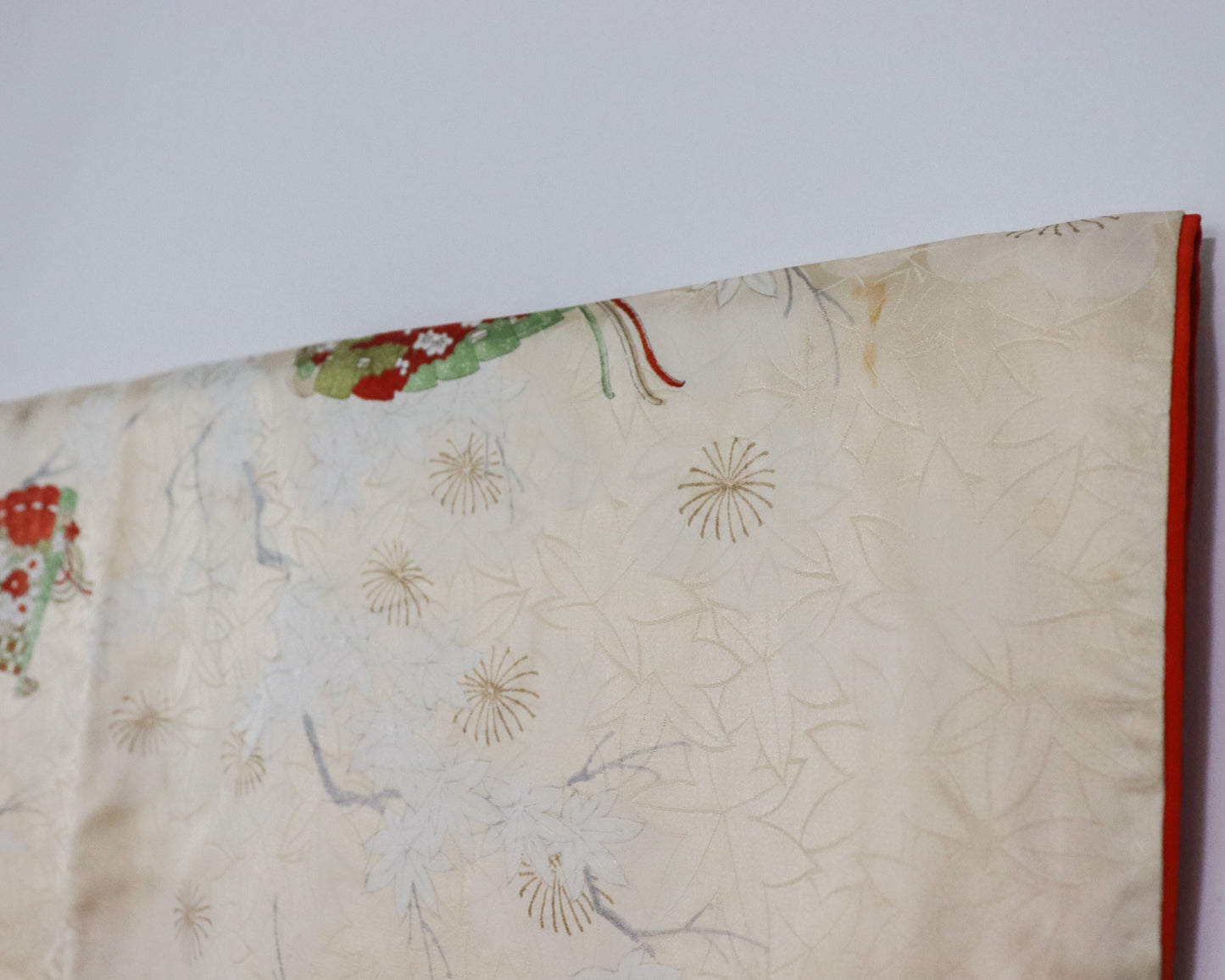 Vintage silk kimono in light yellow. pattern of momiji, flowers and Japanese traditional fan.