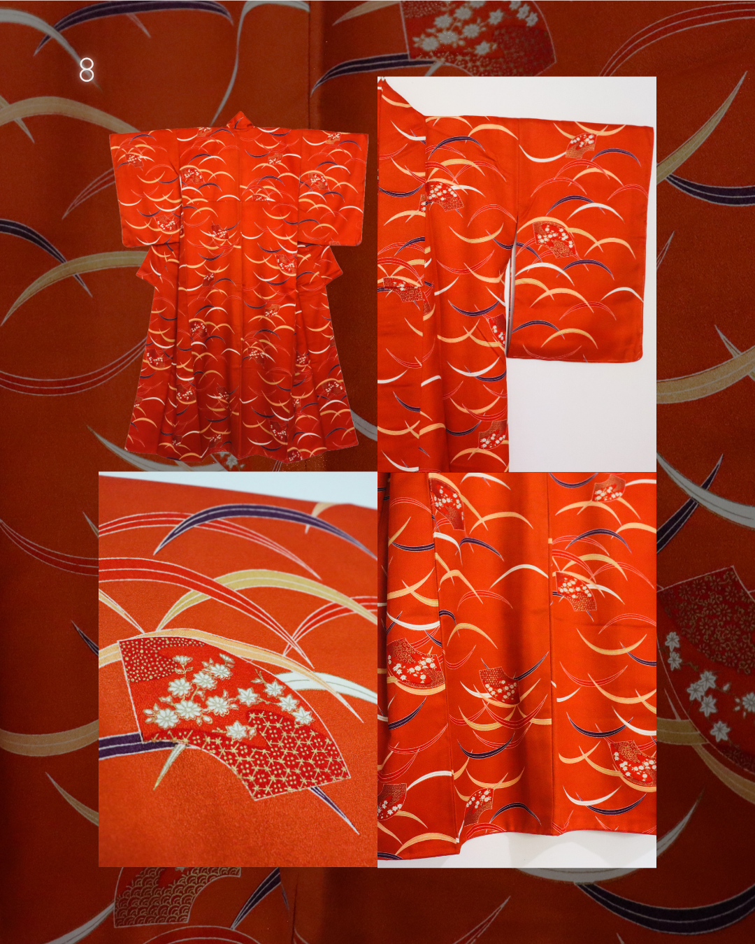 pre-loved kimono in vivid red with nature motif pattern and floral Japanese fans.