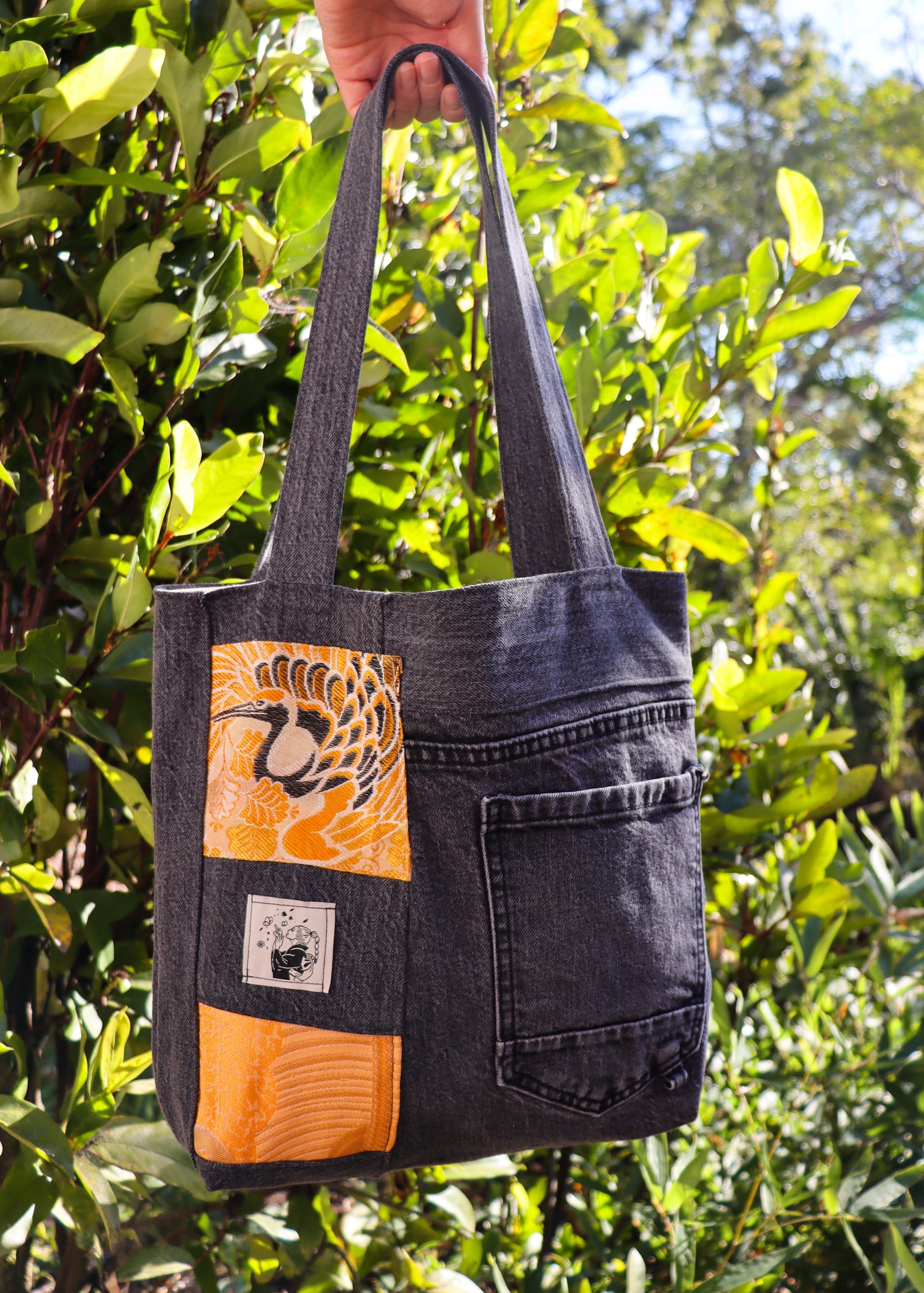 Upcycled denim & obi bag