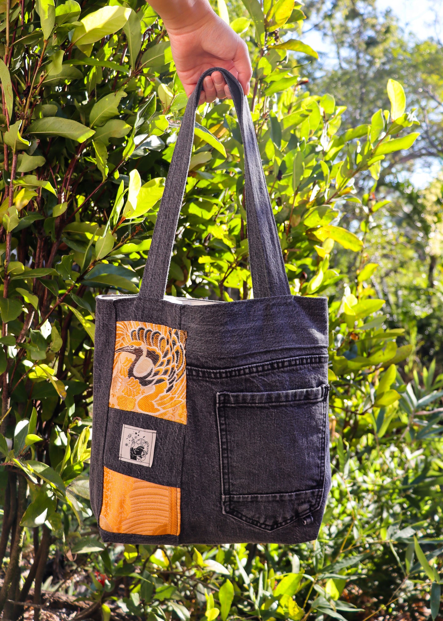 Upcycled denim & obi bag