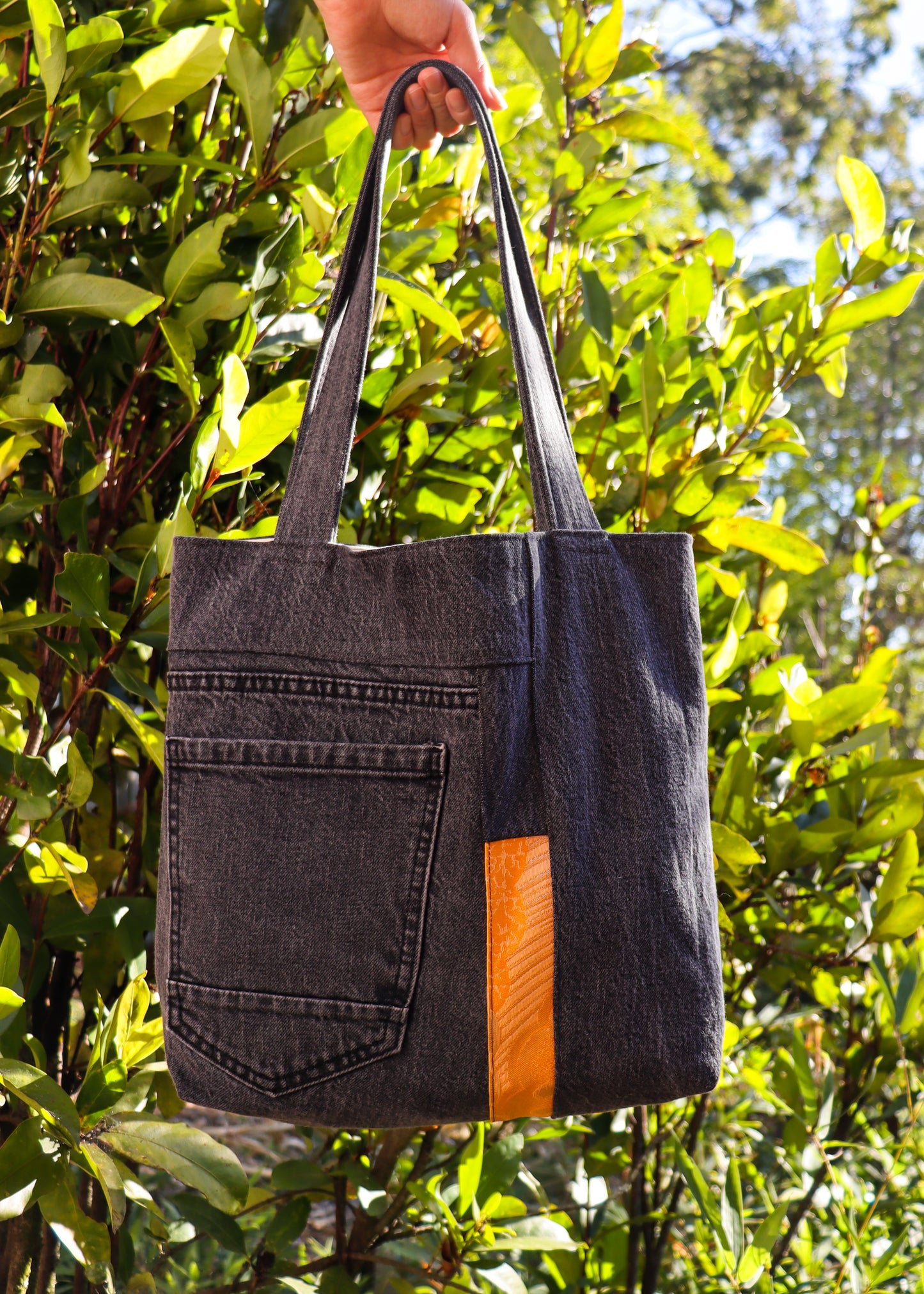 Upcycled denim & obi bag
