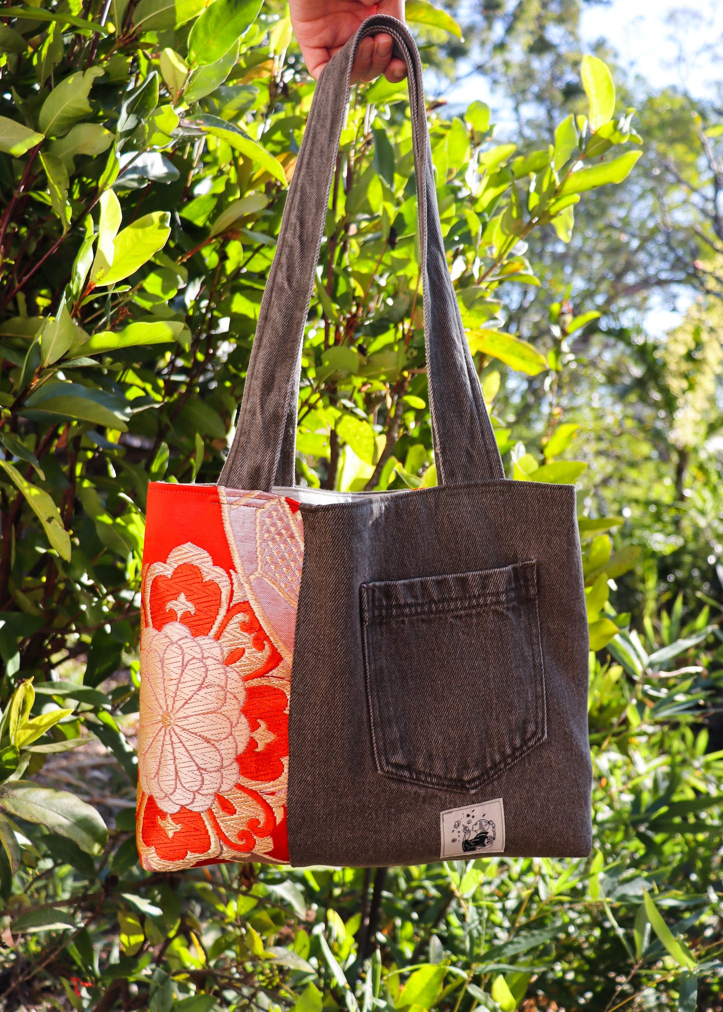 Upcycled denim & obi tote bag.