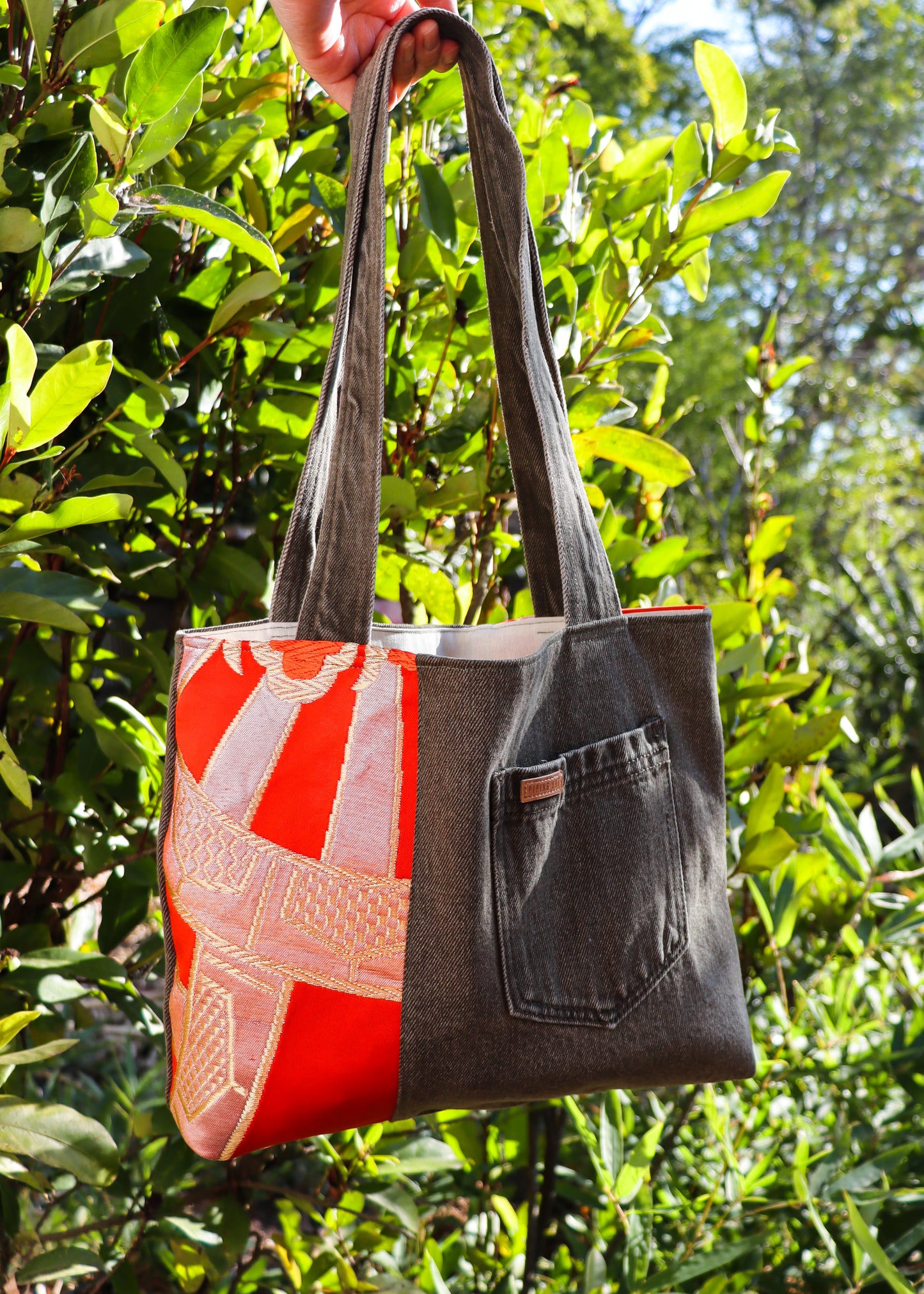 Upcycled denim & obi tote bag.