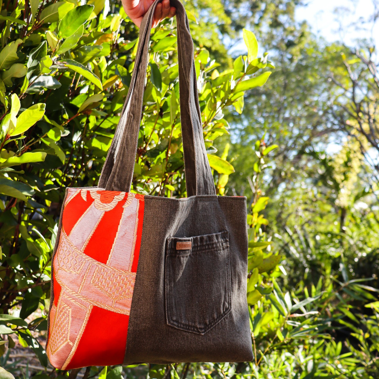 Upcycled denim & obi tote bag.