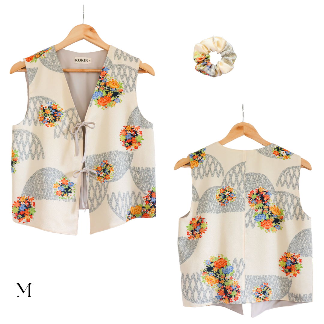 Women's front-tie vest tops made from pre-loved silk kimono. Fully lined with deadstock fabric. Trendy summer tops. Size M.