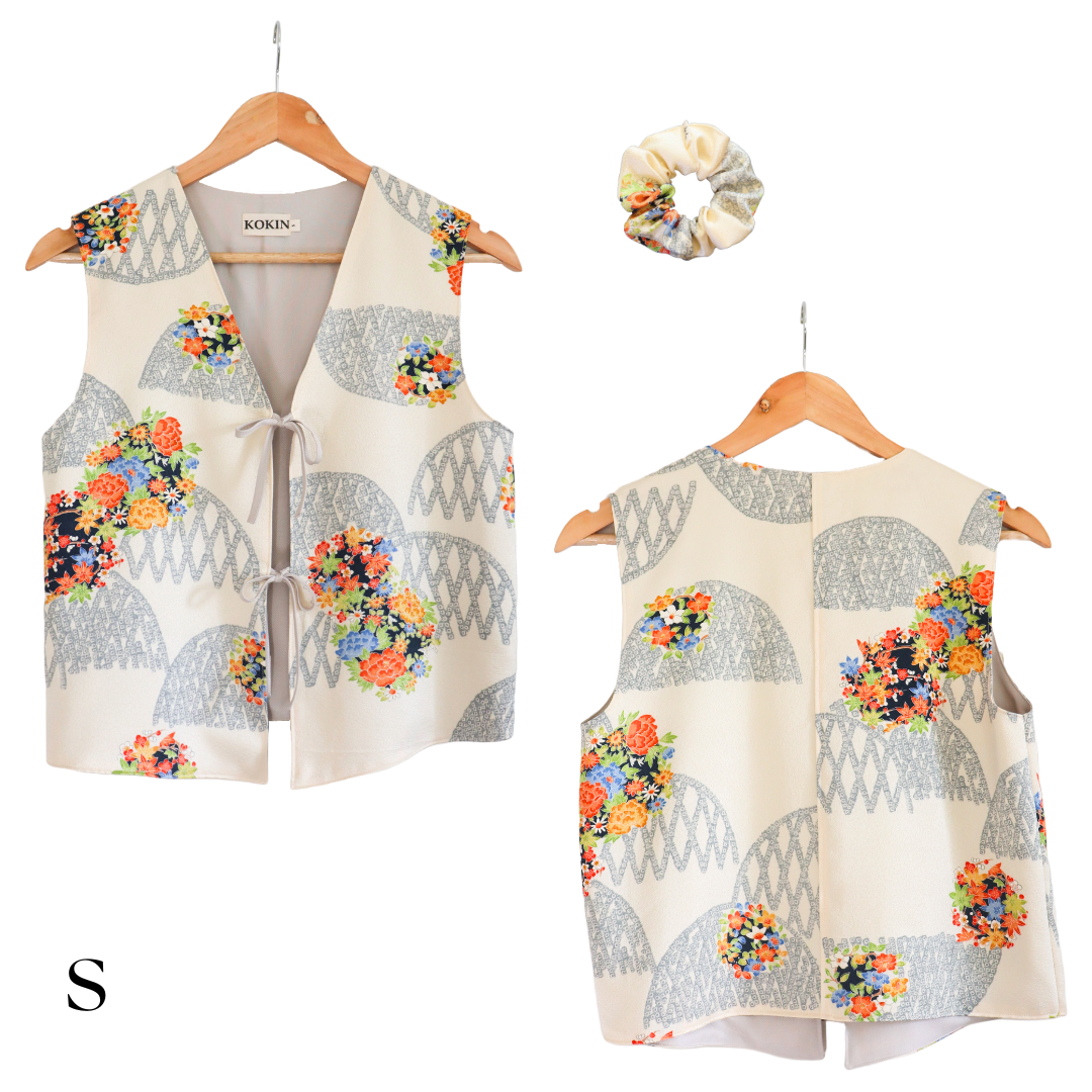 Women's front-tie vest tops made from pre-loved silk kimono. Fully lined with deadstock fabric. Trendy summer tops. Size small.