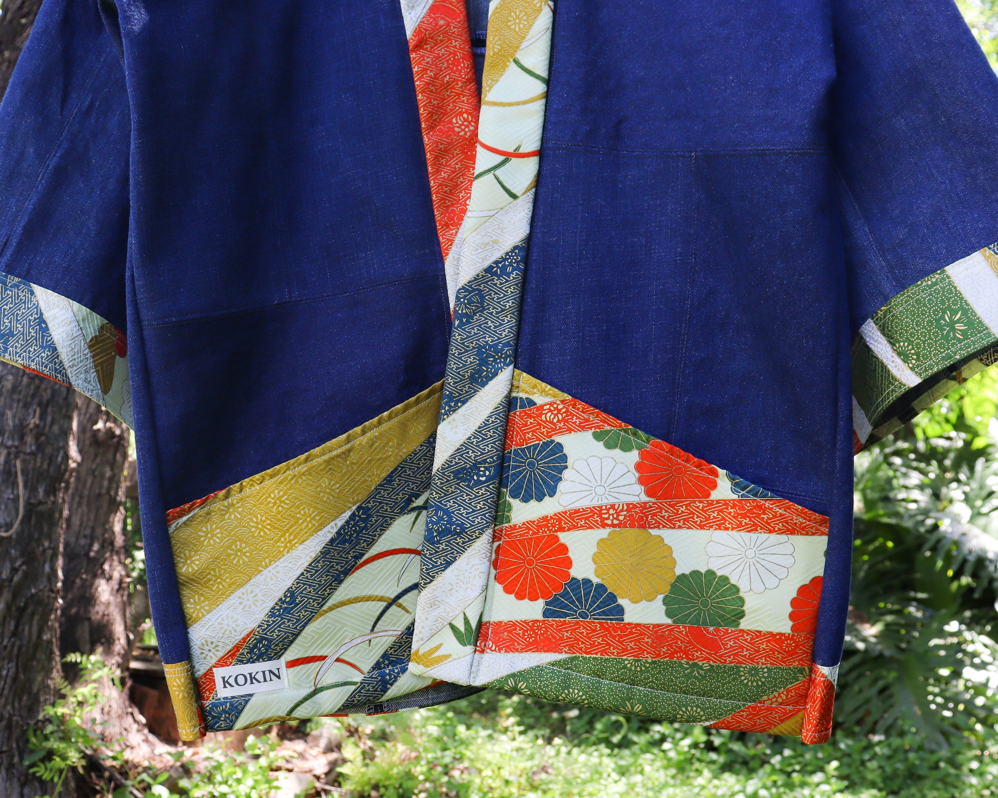 Japanese Happi jacket made from secondhand denim and kimono.