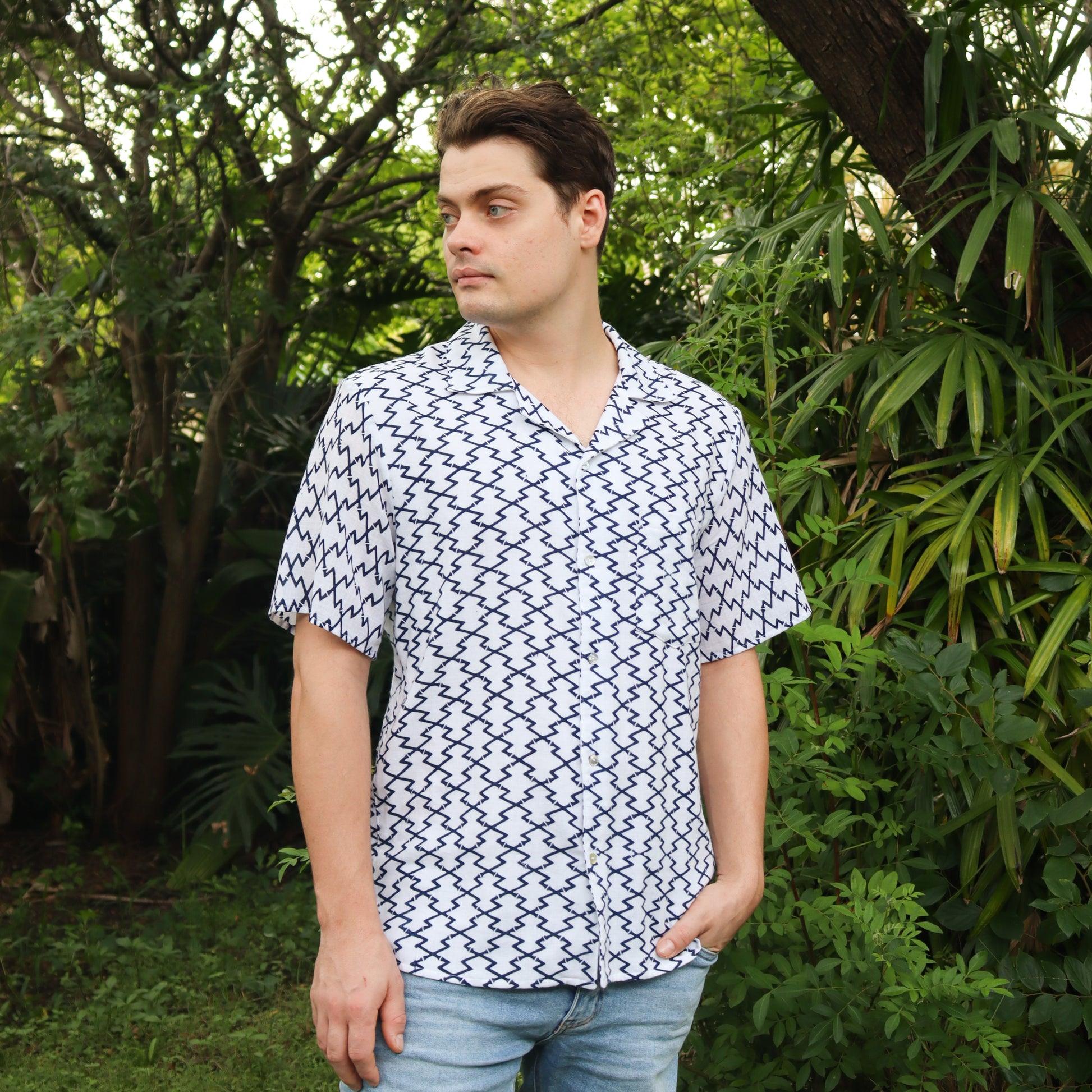 Men's summer shirt made from summer kimono (yukata). The soft cotton gauze fabric is very comfortable. On a model.