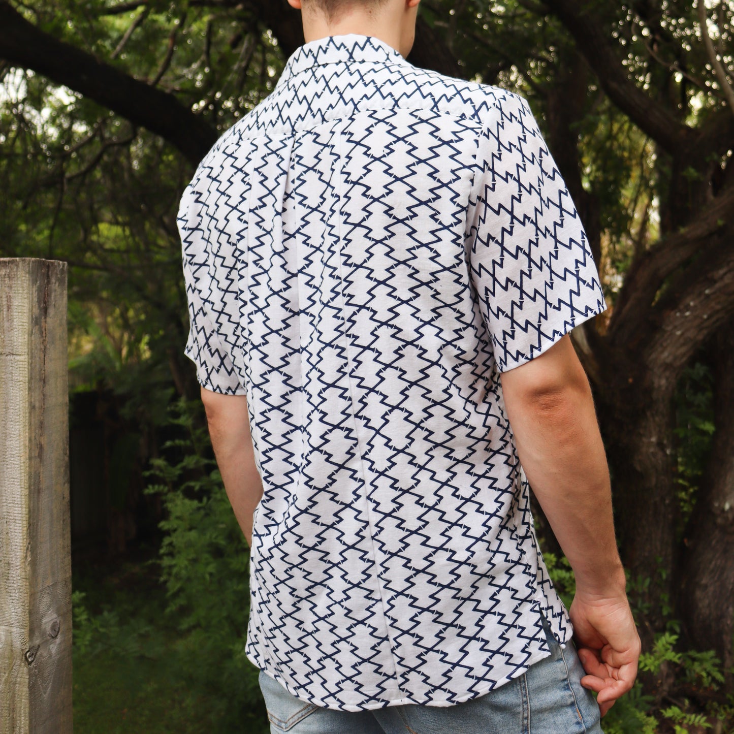 Men's summer shirt made from summer kimono (yukata). The soft cotton gauze fabric is very comfortable. Back of the shirt.