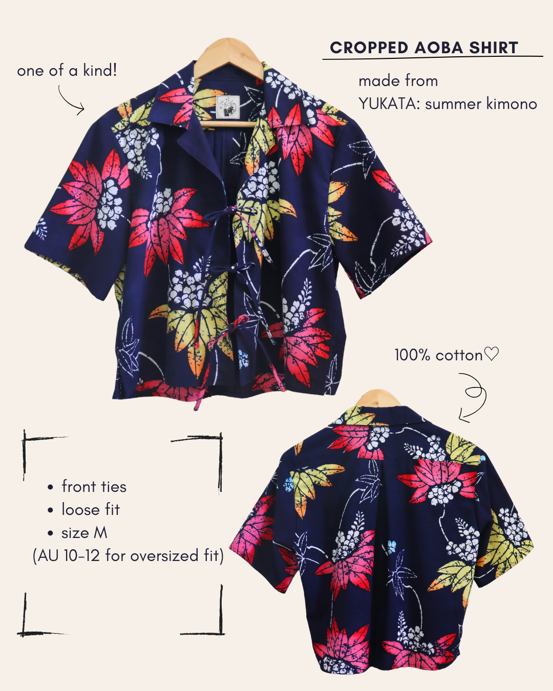 Photo collage of the latest shirt. Women's cropped shirt made from yukata: summer kimono. The material is 100% cotton, making the shirt very comfortable and breathable.