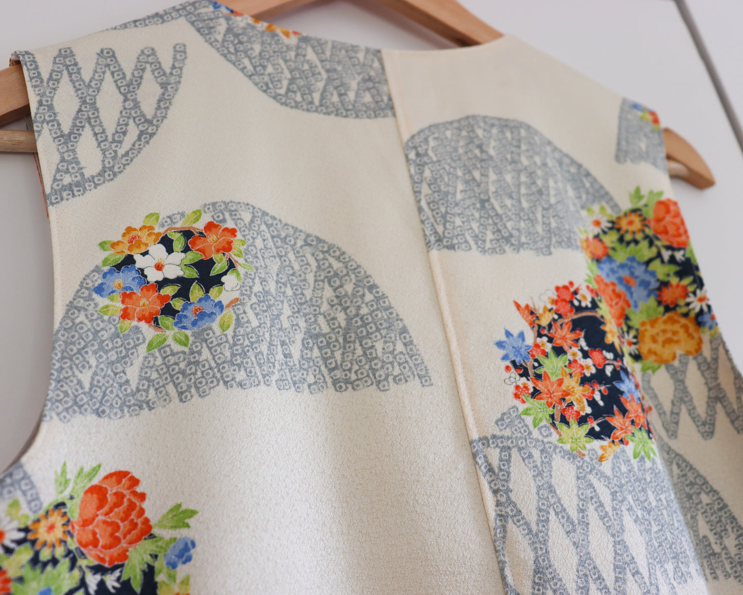 Women's front-tie vest tops made from pre-loved silk kimono. Fully lined with deadstock fabric. Trendy summer tops. Back of the top.