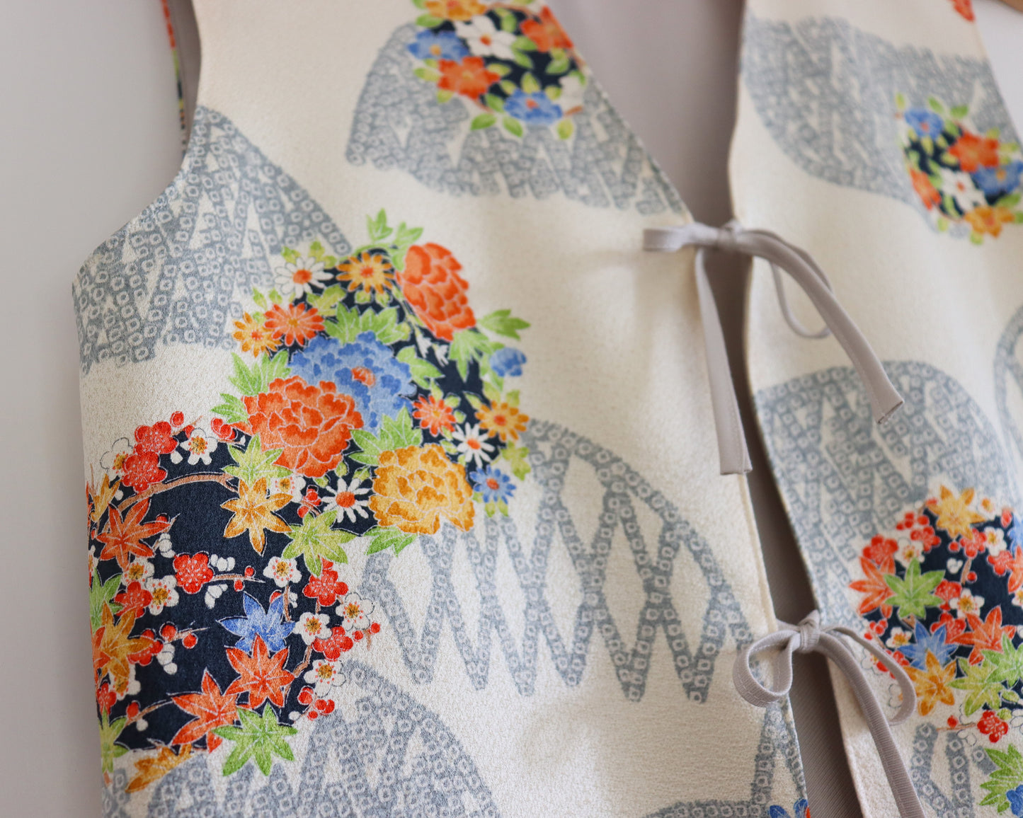 Women's front-tie vest tops made from pre-loved silk kimono. Fully lined with deadstock fabric. Trendy summer tops.