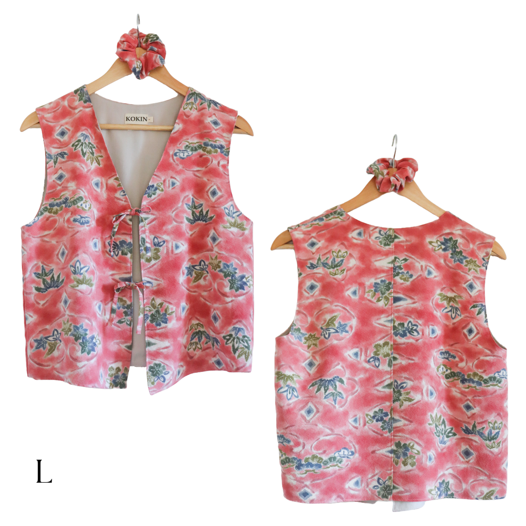 Women's front tie top made from pre-loved silk kimono. Slow fashion. Upcycling. Fully lined with deadstock fabric. Front and back.