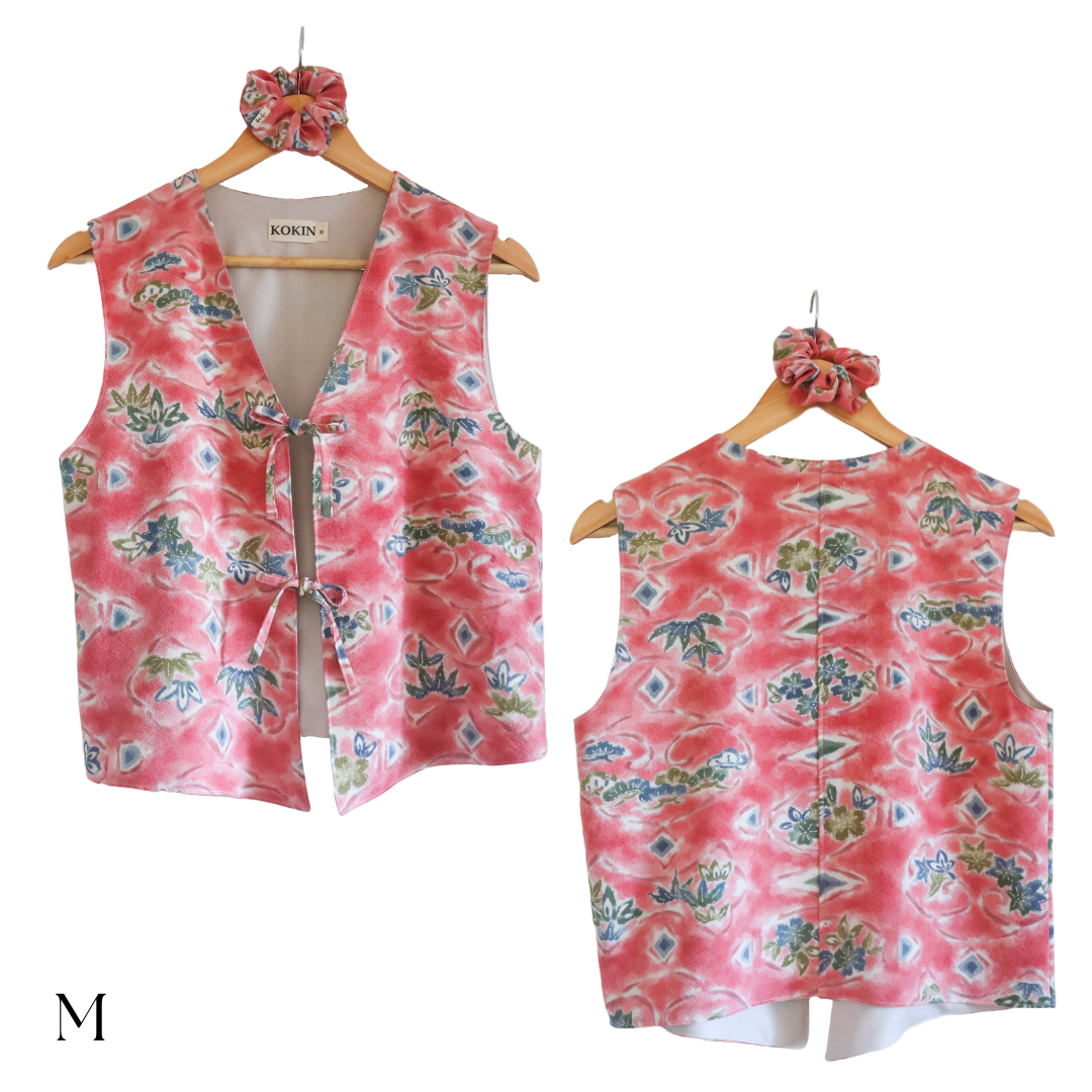 Women's front tie top made from pre-loved silk kimono. Slow fashion. Upcycling. Fully lined with deadstock fabric. Front and back.