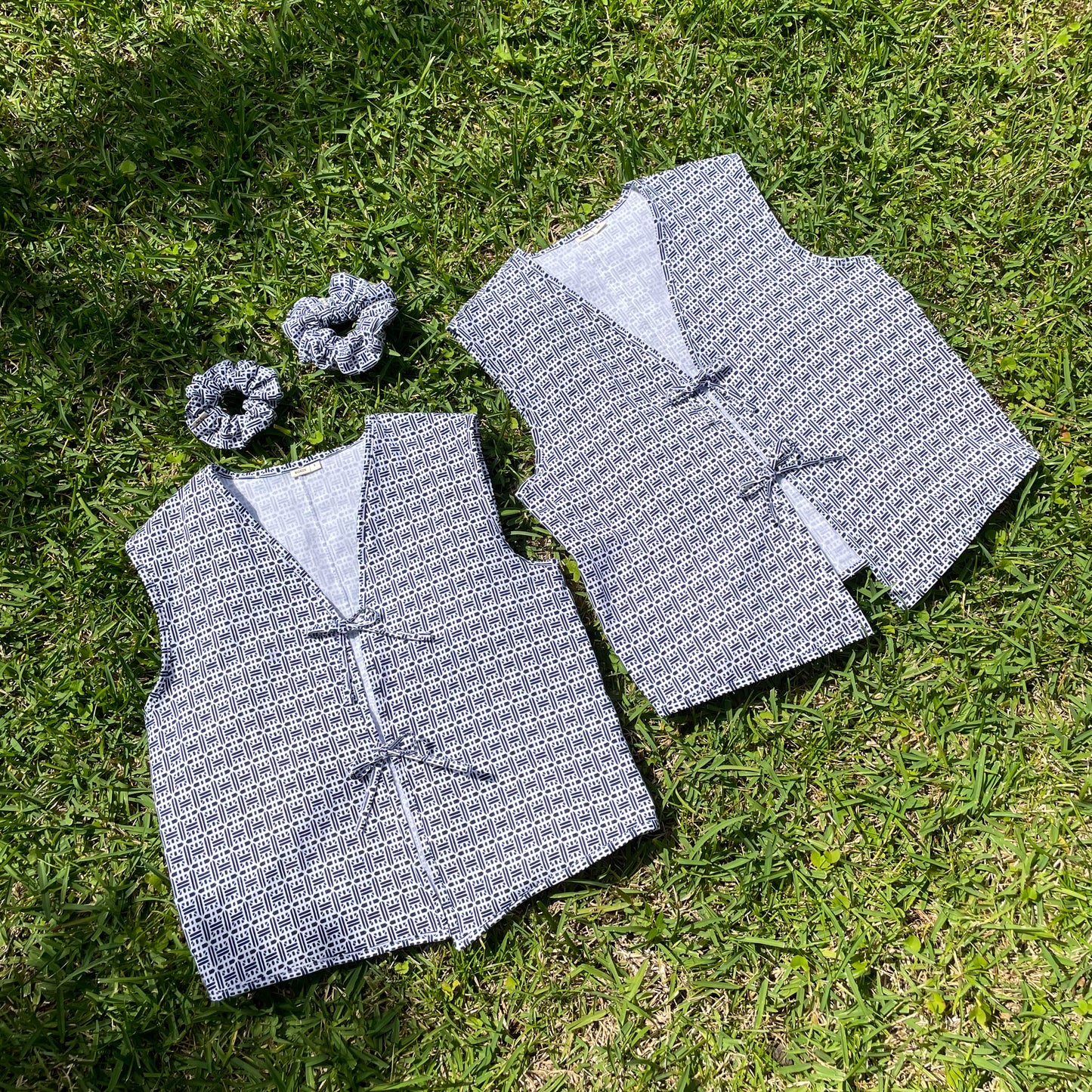 Women's front tie vest tops upcycled from summer kimono (yukata). 100% cotton. With matching scrunchies.