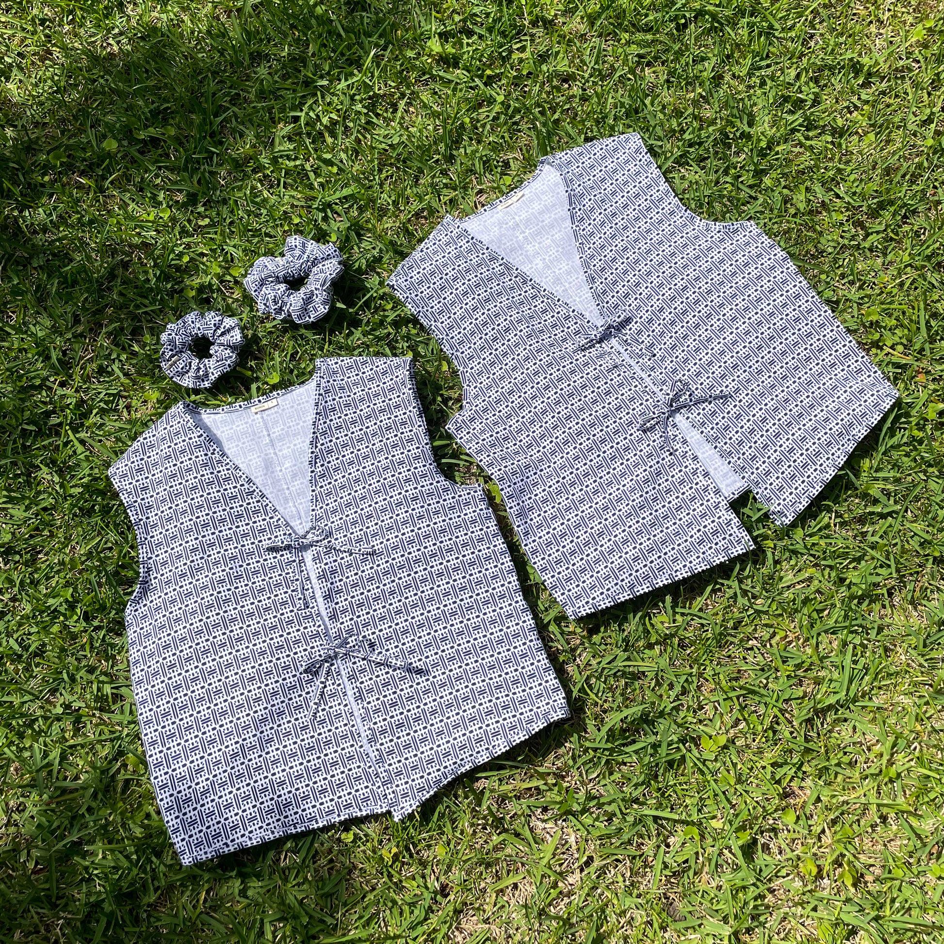 Women's front tie vest tops upcycled from summer kimono (yukata). 100% cotton. With matching scrunchies.