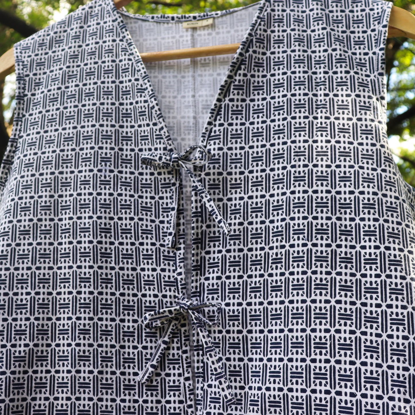 Women's front tie vest tops upcycled from summer kimono (yukata). 100% cotton. With matching scrunchies. Close up image of the front ties.