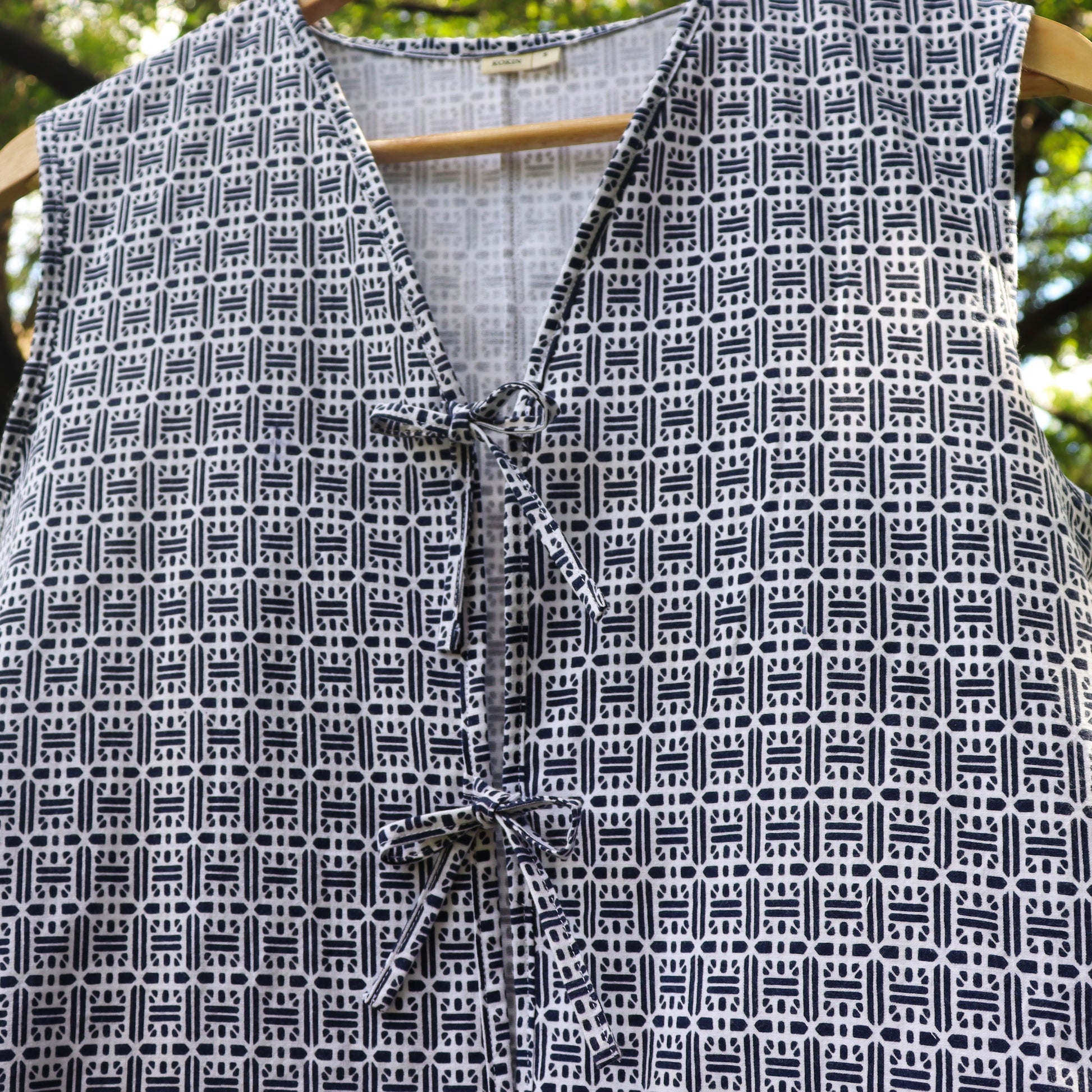 Women's front tie vest tops upcycled from summer kimono (yukata). 100% cotton. With matching scrunchies. Close up image of the front ties.