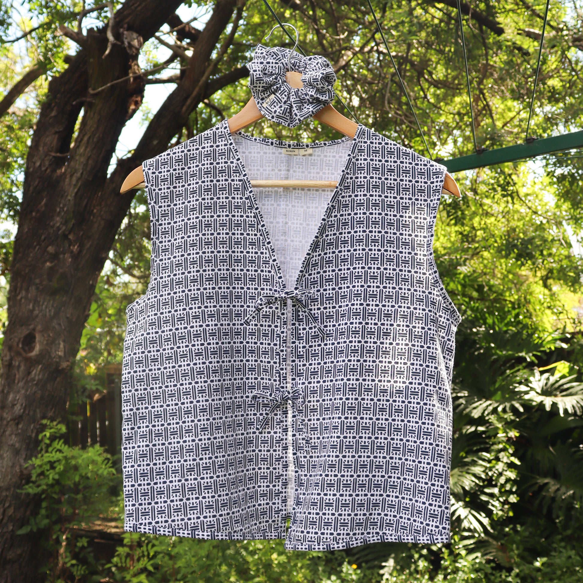 Women's front tie vest tops upcycled from summer kimono (yukata). 100% cotton. With matching scrunchies. On a hanger.