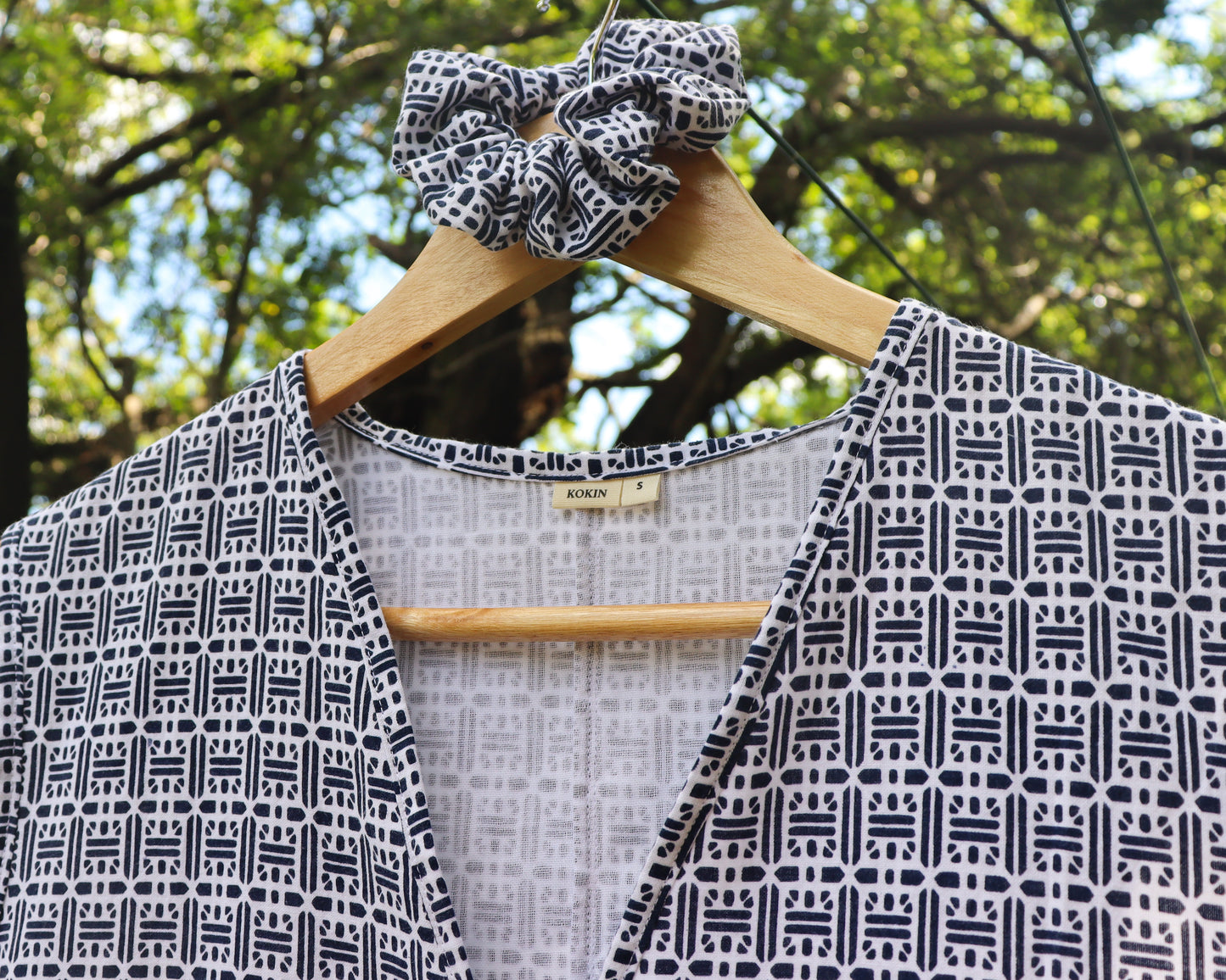 Women's front tie vest tops upcycled from summer kimono (yukata). 100% cotton. With matching scrunchies. Close up image.