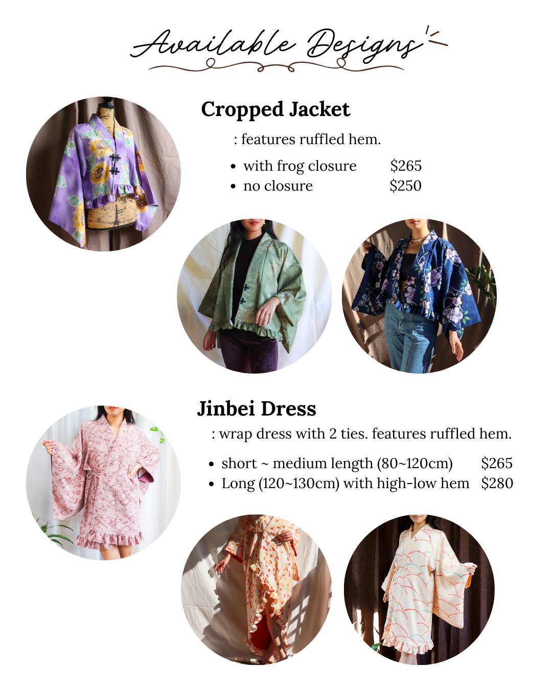 A list of available designs for commissions.