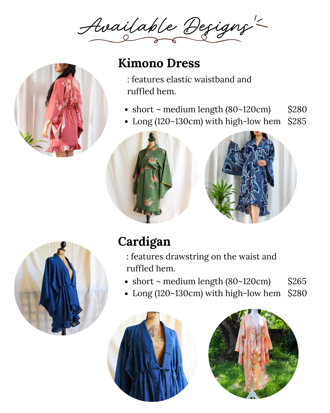 A list of available designs for commissions.