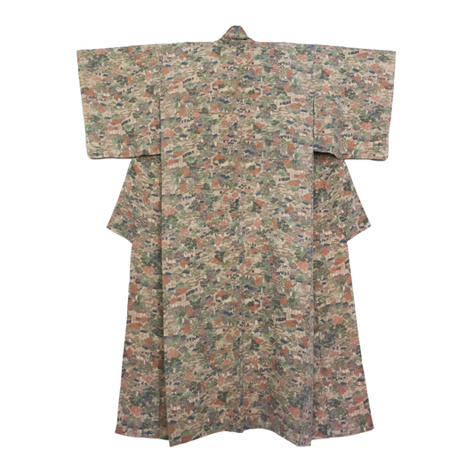 vintage silk kimono with unique pattern of people, buildings and nature.