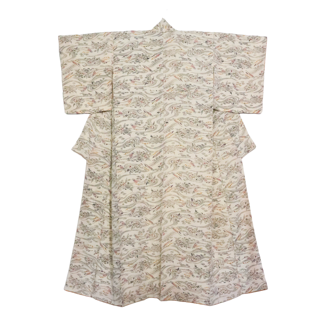 vintage silk kimono with retro nature pattern, wave and butterfly. creamy white.