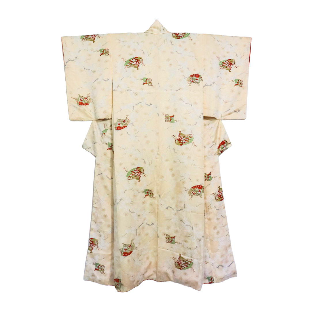 Vintage silk kimono in light yellow. pattern of momiji, flowers and Japanese traditional fan.