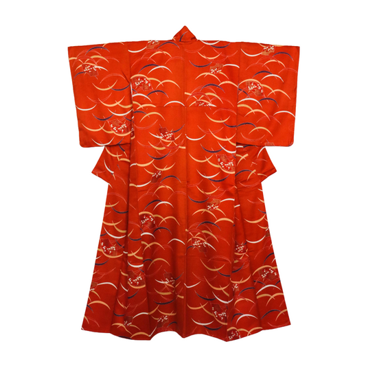 pre-loved kimono in vivid red with nature motif pattern and floral Japanese fans.