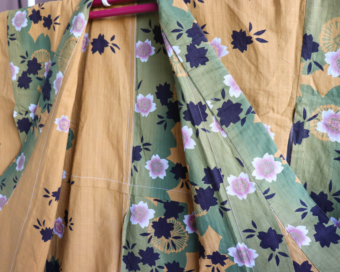 pre-loved yukata: summer cotton kimono. Casual kimono in yellow, with the pattern of cherry blossom.