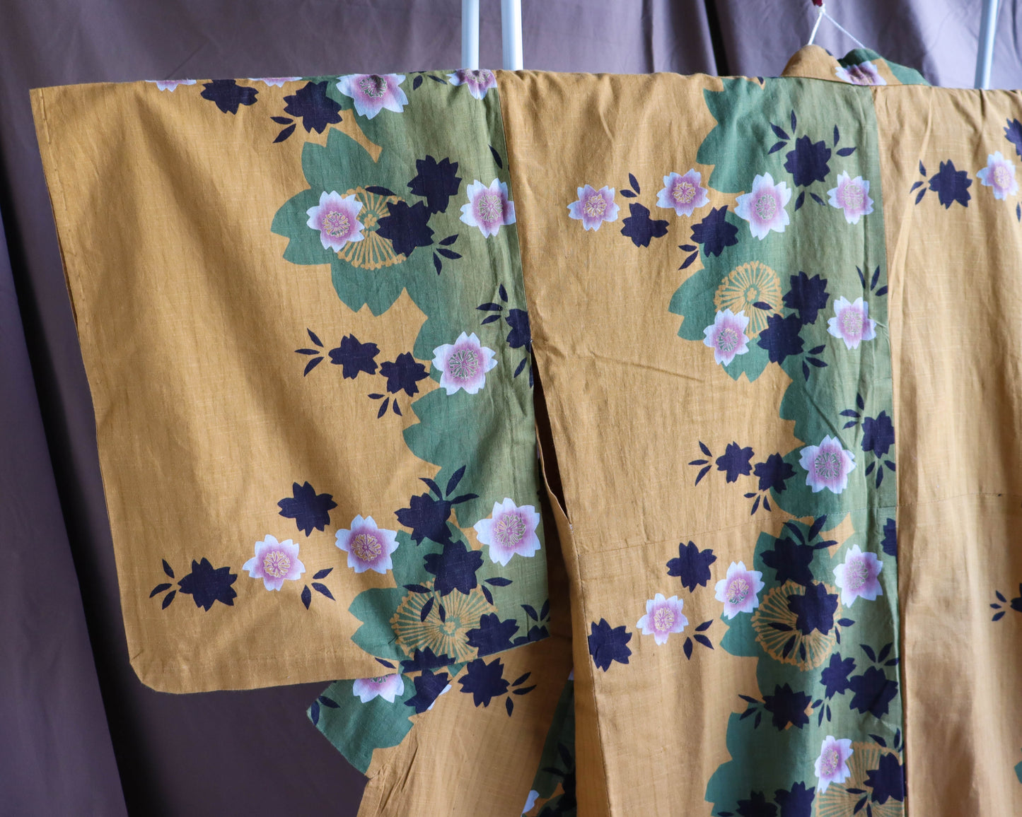 pre-loved yukata: summer cotton kimono. Casual kimono in yellow, with the pattern of cherry blossom.