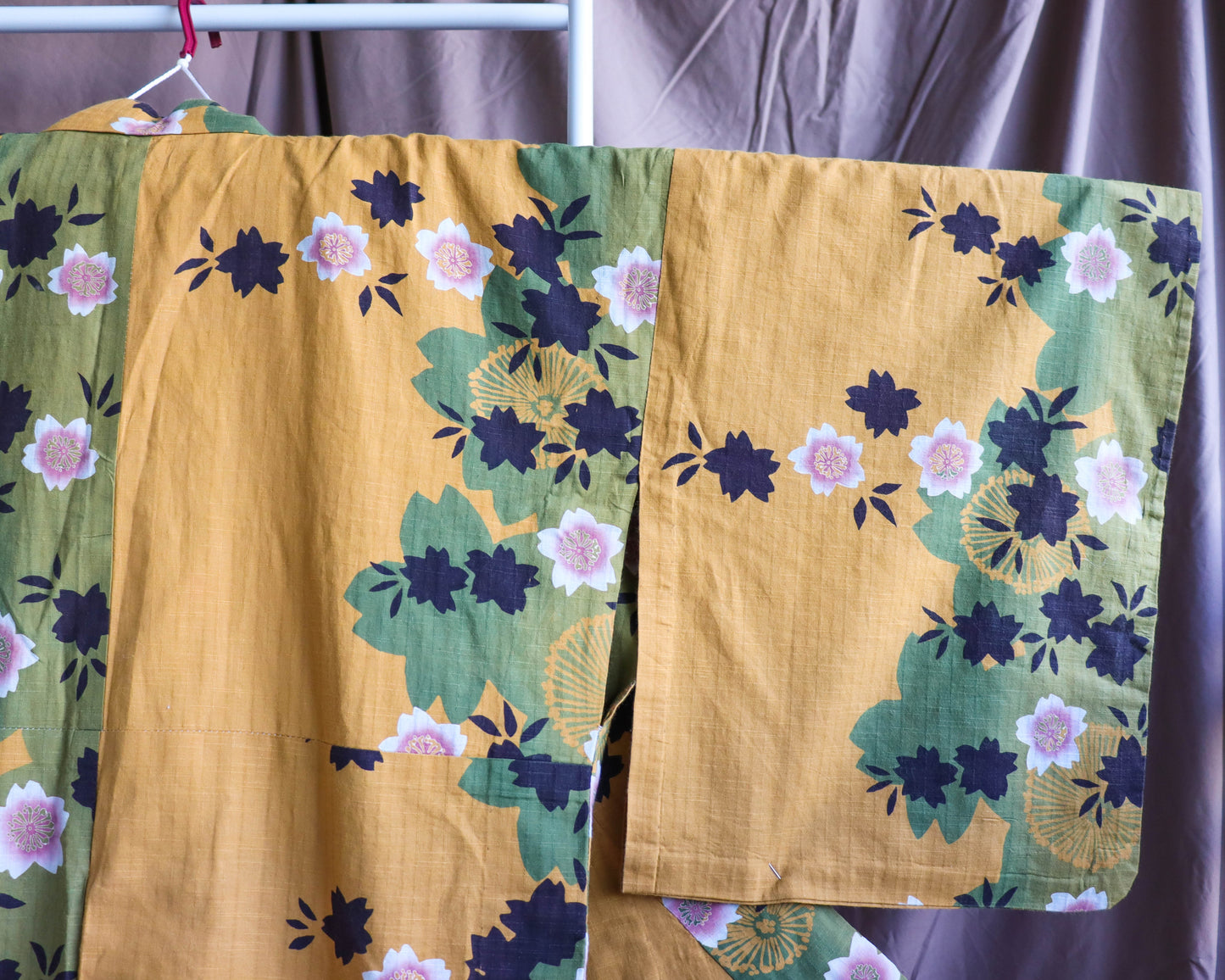 pre-loved yukata: summer cotton kimono. Casual kimono in yellow, with the pattern of cherry blossom.