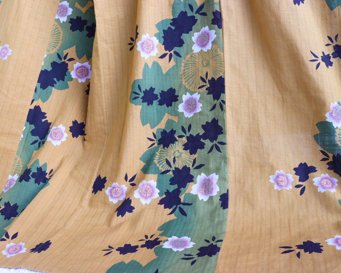 pre-loved yukata: summer cotton kimono. Casual kimono in yellow, with the pattern of cherry blossom.