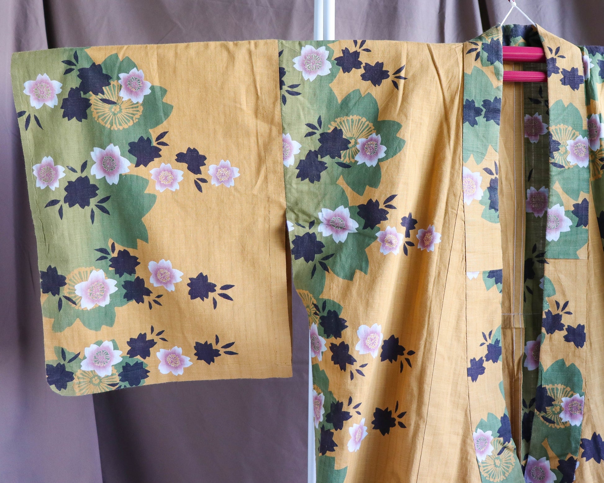 pre-loved yukata: summer cotton kimono. Casual kimono in yellow, with the pattern of cherry blossom.