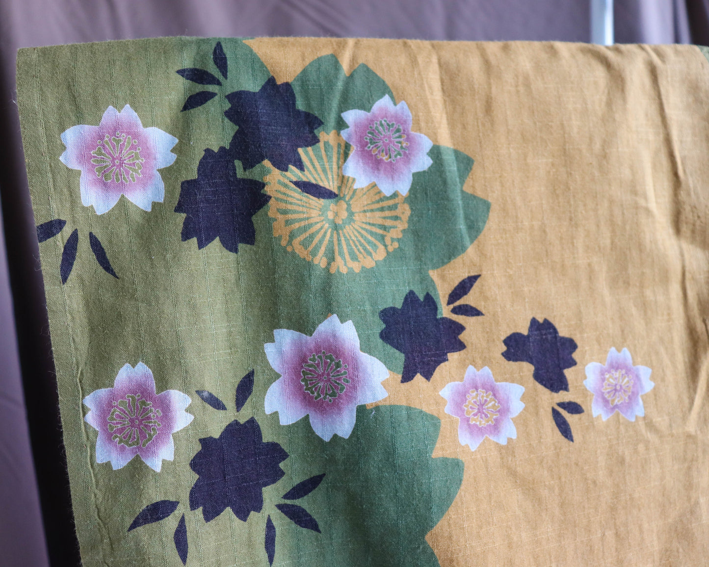 pre-loved yukata: summer cotton kimono. Casual kimono in yellow, with the pattern of cherry blossom.