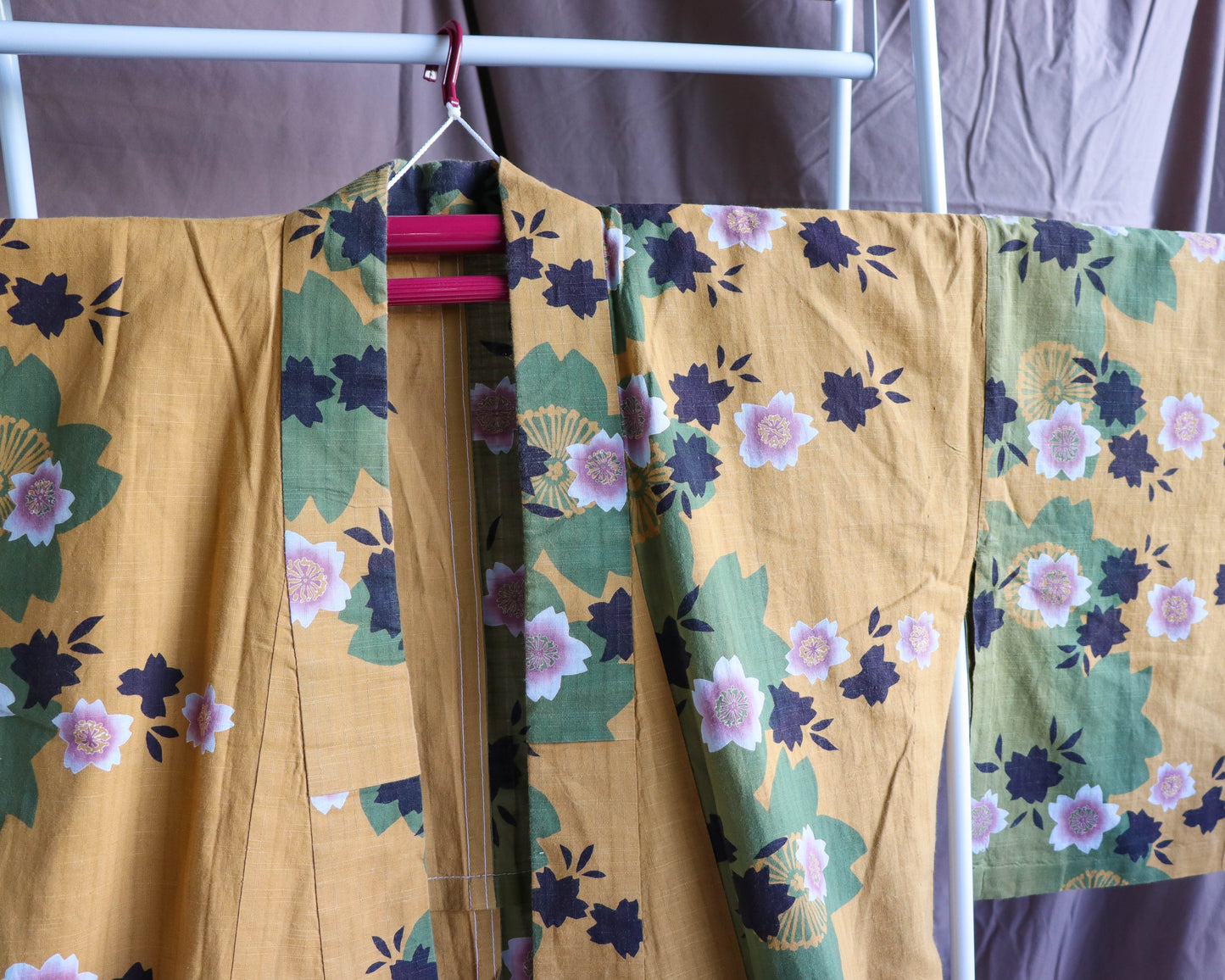 pre-loved yukata: summer cotton kimono. Casual kimono in yellow, with the pattern of cherry blossom.