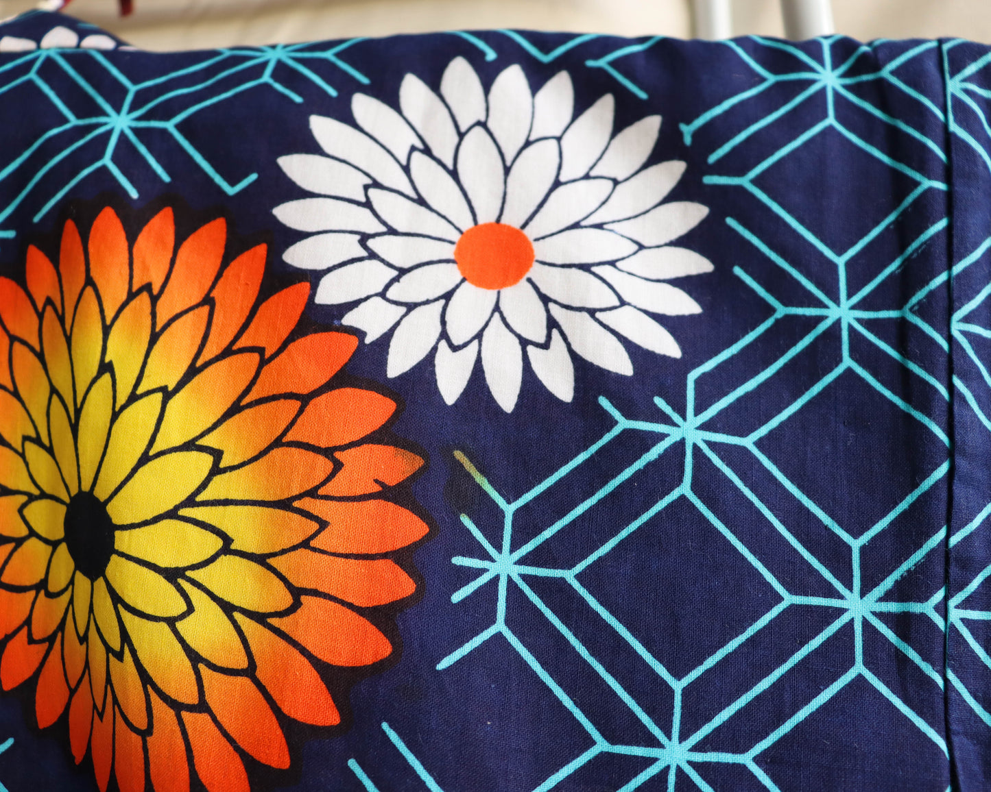 pre-loved yukata. summer cotton kimono in navy with the pattern of flowers. vibrant floral print.